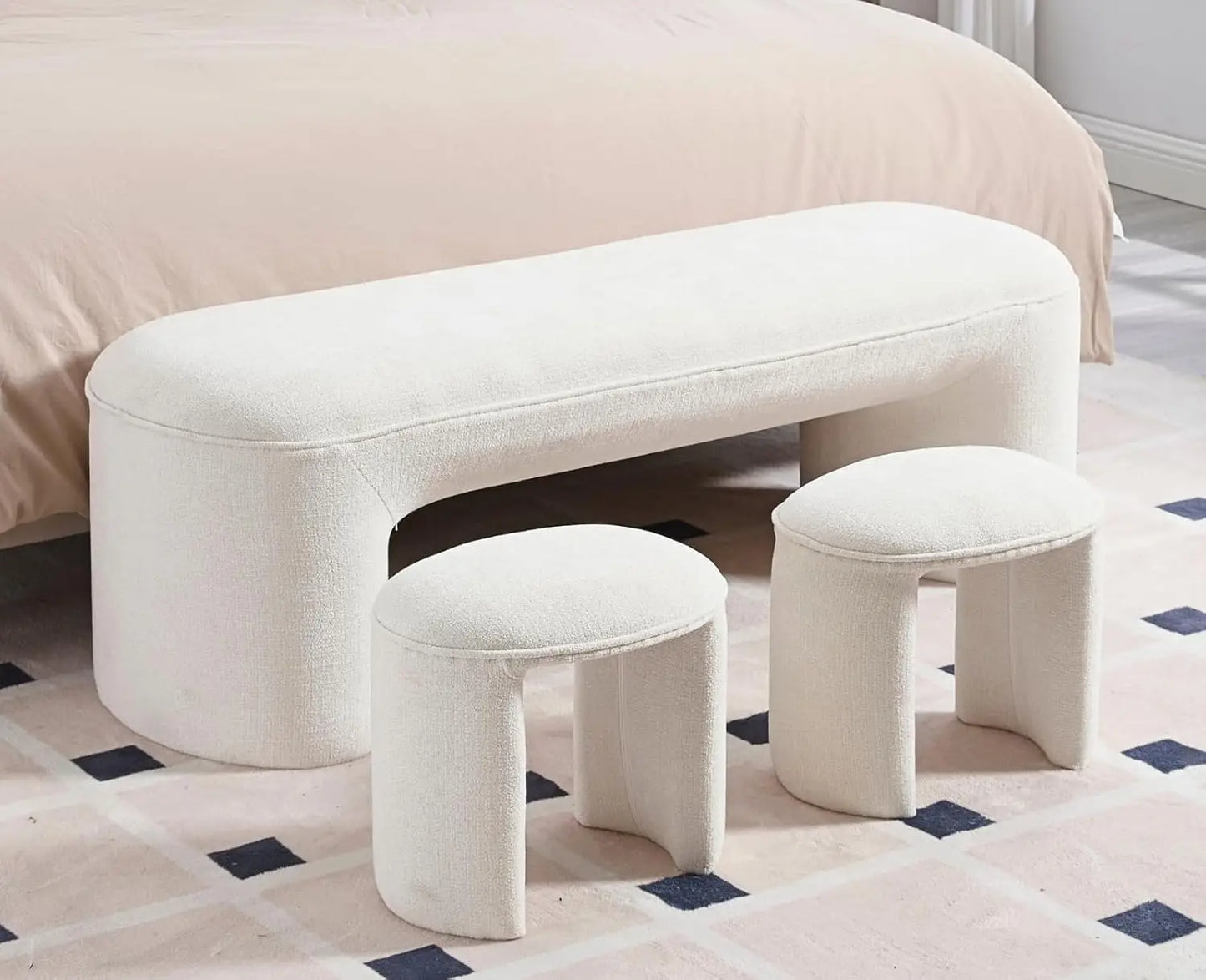Ottoman Bench 53 Inch Long Bedroom Bench with 2 Small Stools Chenille Padded Entryway Bench Set of 3 Comfy Upholstered