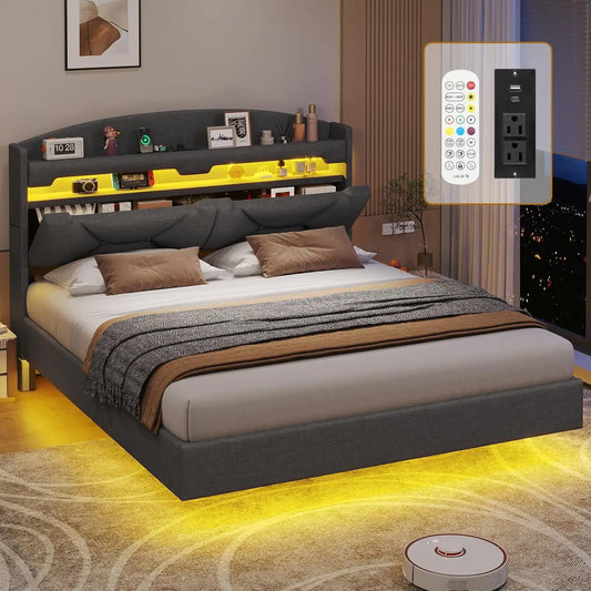 Floating Queen Bed Frame with Charging Station & Hidden Storage Headboard, RGB Floating Platform Bed Dark Grey