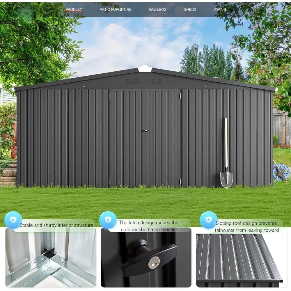 14' x 12' Storage Shed Metal Lockable Doors Large Steel Yard Shed Utility Tool Storage for Garden, Patio, Outside use in Dark