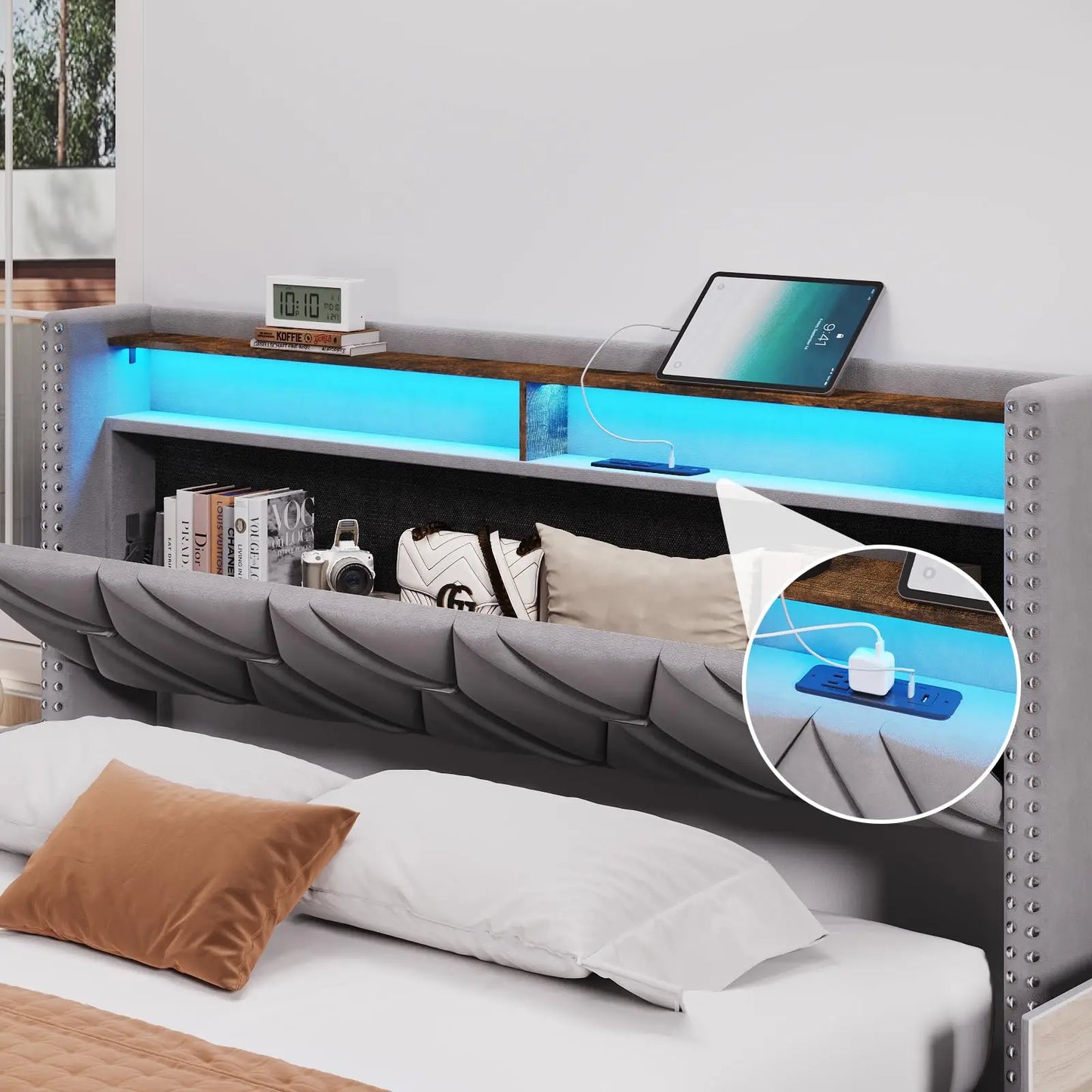 Vabches Queen Size Bed Frame with LED Lights&Storage Headboard Upholstered Platform Bed Frame with 3 Drawer&Power Outlet Bedroom