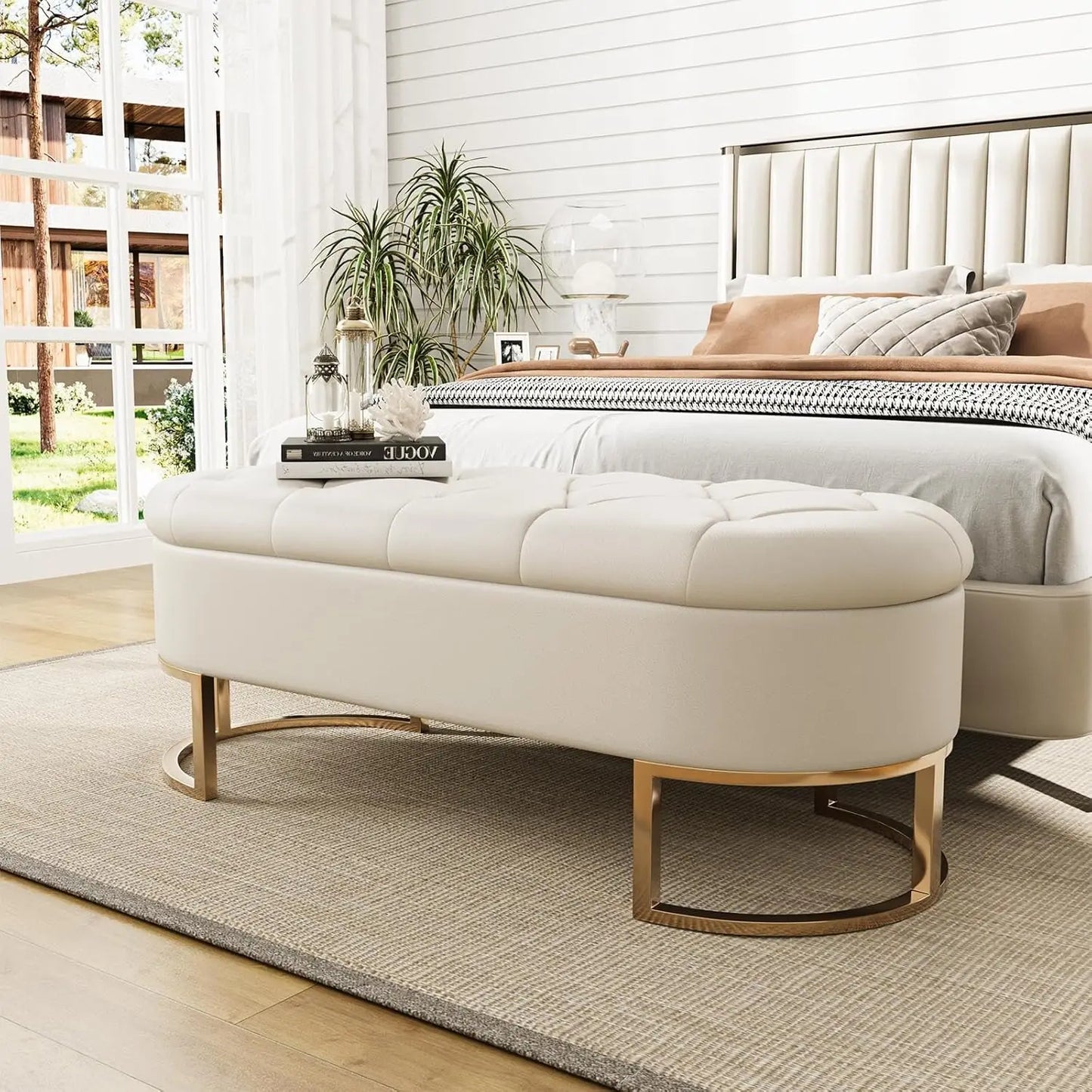 LUX 50''L Ottoman Storage Bench Upholstered Leather with Metal Legs