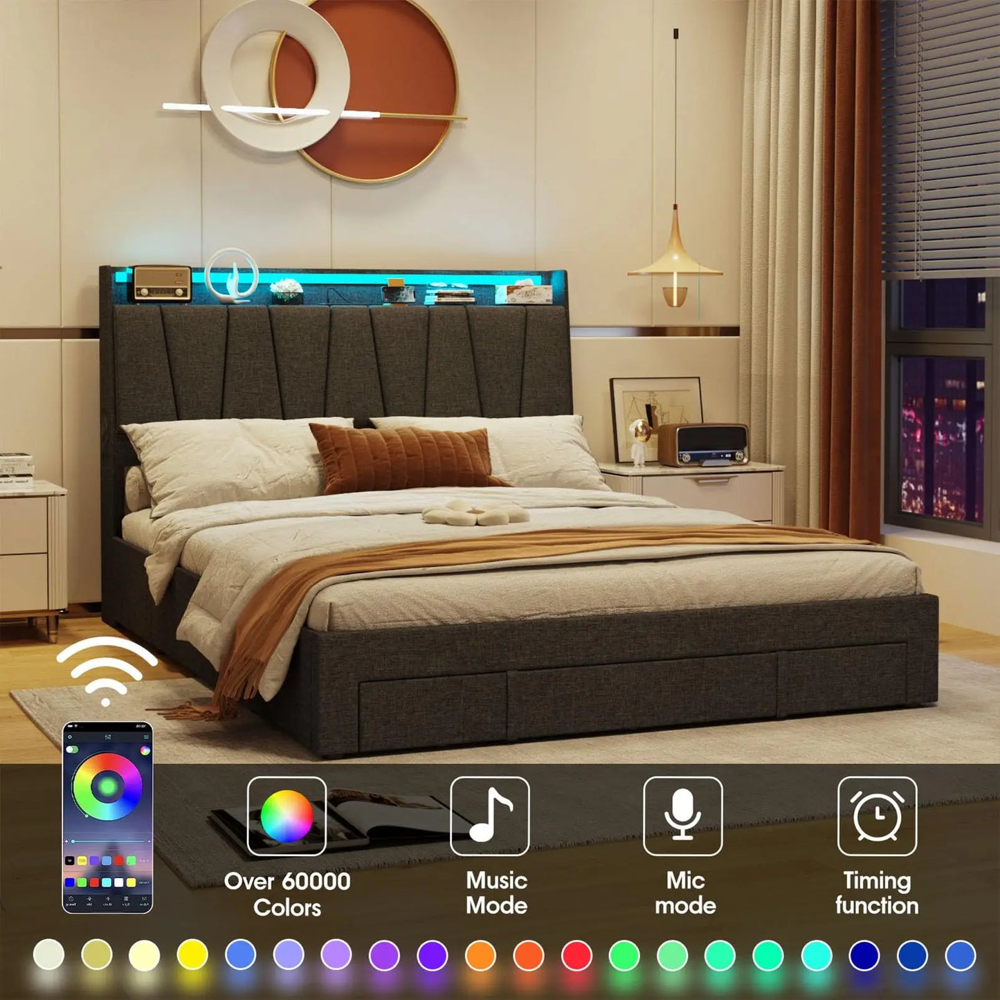 Vabches Queen Bed Frame with Storage Headboard&LED Lights Upholstered Platform Bed Frame with 3 Drawers&Power Outlet for Bedroom