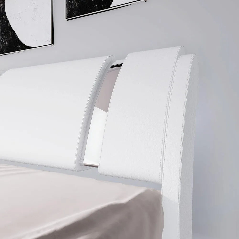 King Size Bed Frame with Iron Piece Decor, Faux Leather Upholstered Platform Bed with Curved Adjustable Headboard, Modern White