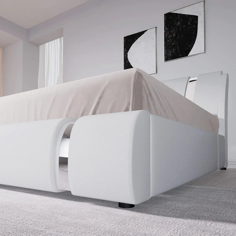 King Size Bed Frame with Iron Piece Decor, Faux Leather Upholstered Platform Bed with Curved Adjustable Headboard, Modern White