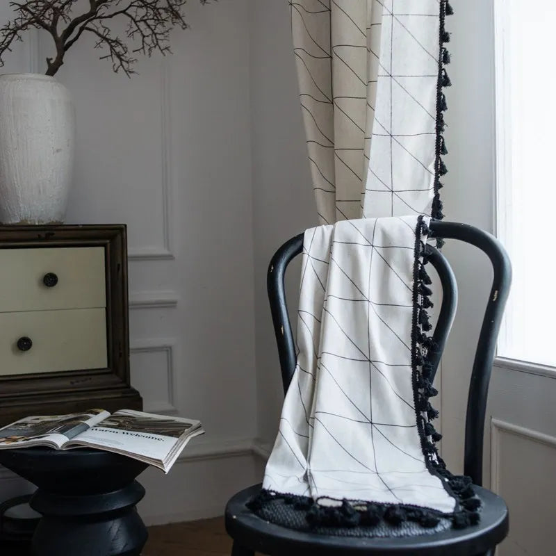 Cotton Linen Black Tassel Curtains
