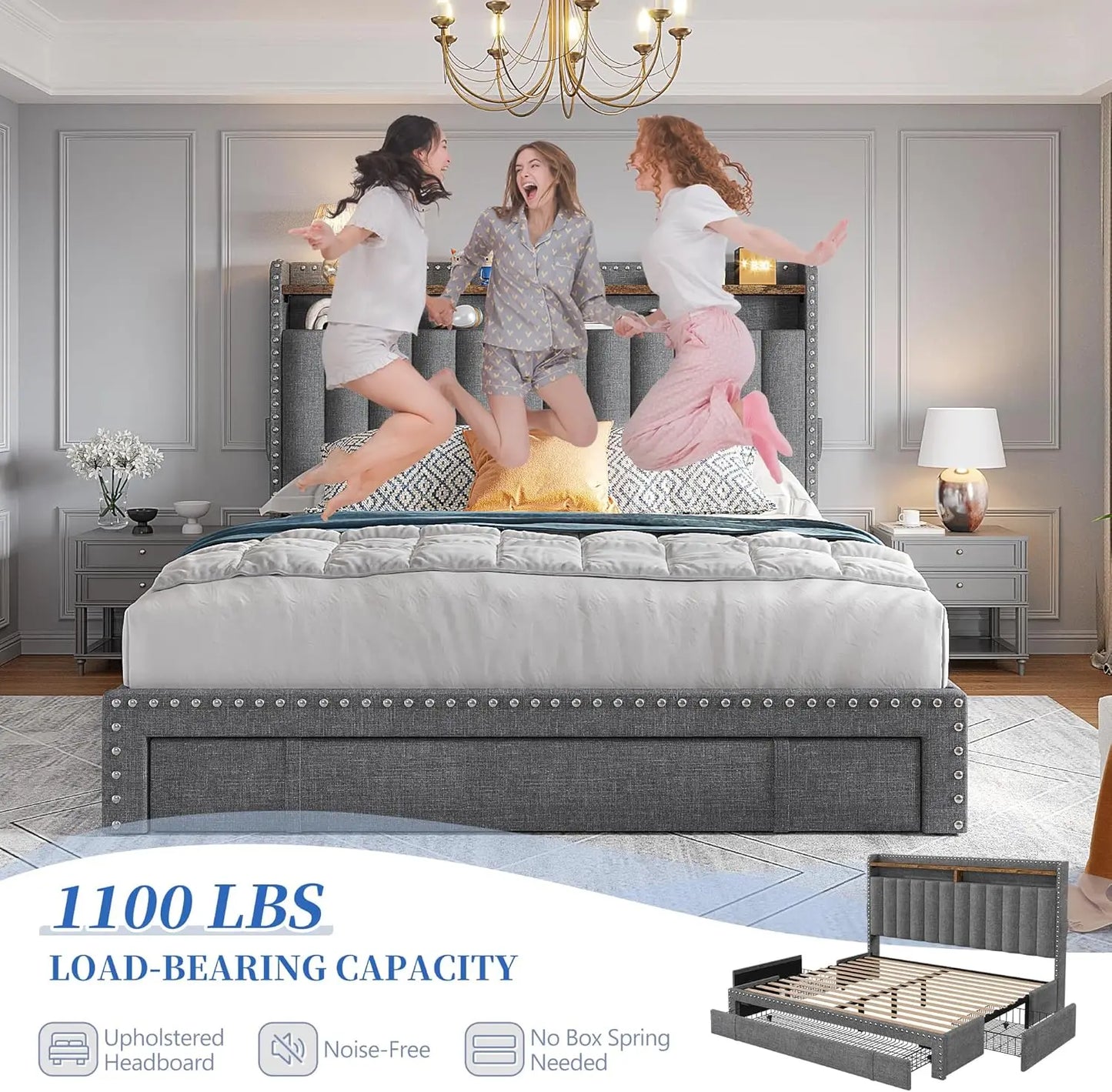 Queen Bed Frame with 3 Drawers Upholstered Bed Frame Size with Headboard,Size Frame, Frame with