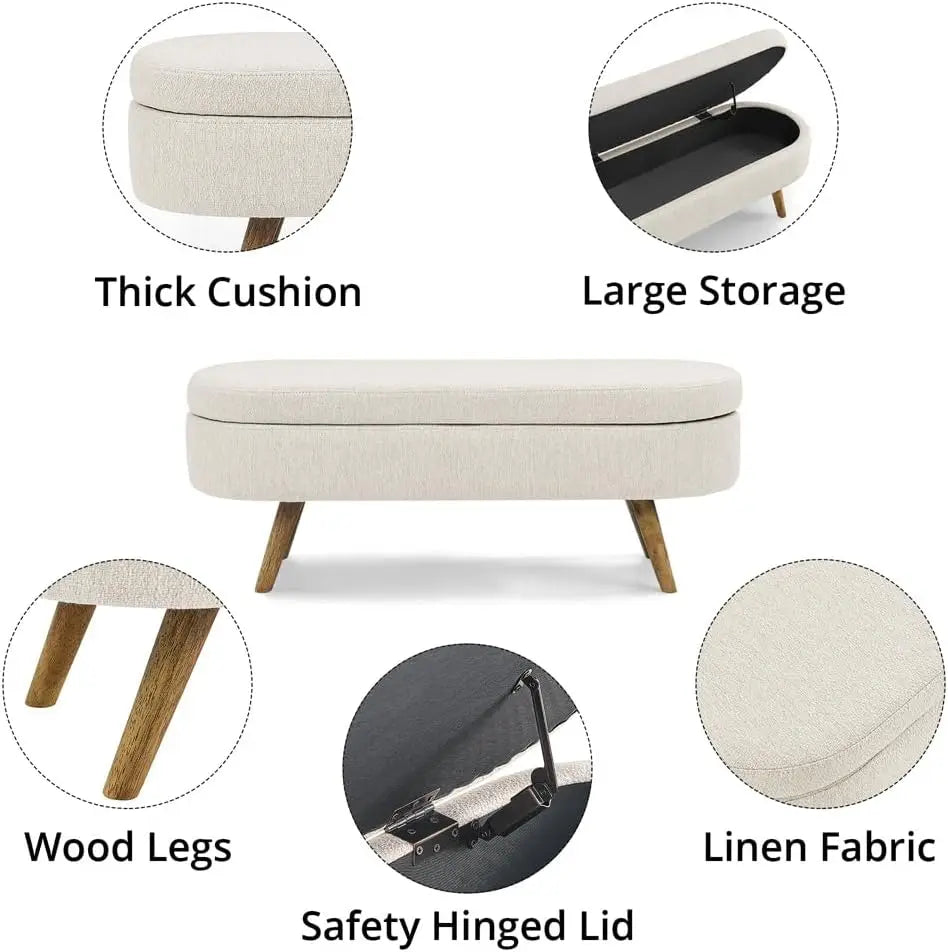 43.5" Storage Ottoman Bench with 250lb Seating, Linen Upholstered Wood Legs Safety Hinge Flip Top Oval