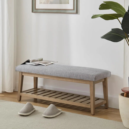 Entryway Bench, End of Bed Bench, Chenille Upholstered Shoe Bench for Bedroom, Ottoman Bench with Solid Wood Shelf,Storage Bench