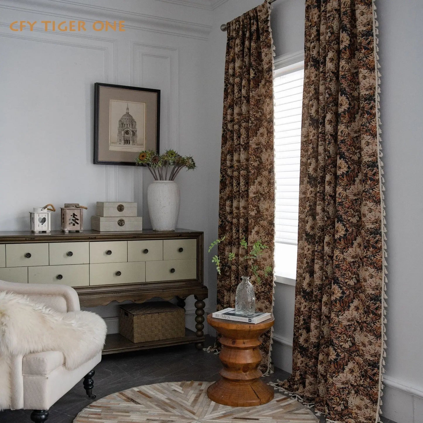 Cotton Linen American Vintage Sunflower Oil Painting Window Curtain Thick Blackout Tassel Drapes Curtains for Living Room