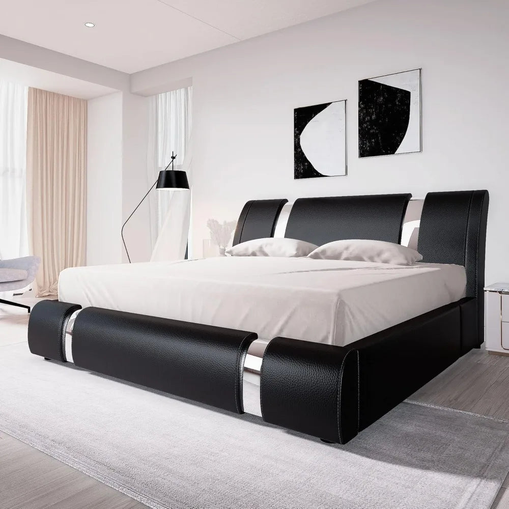 King Size Bed Frame with Iron Piece Decor, Faux Leather Upholstered Platform Bed with Curved Adjustable Headboard, Modern White