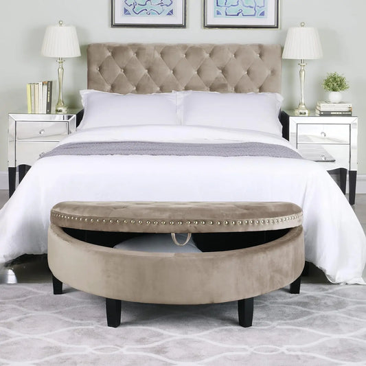 Storage Ottoman Button Tufted Velvet Upholstered Gold Nailhead Trim Espresso Finished Wood Legs Bench Modern Transitional