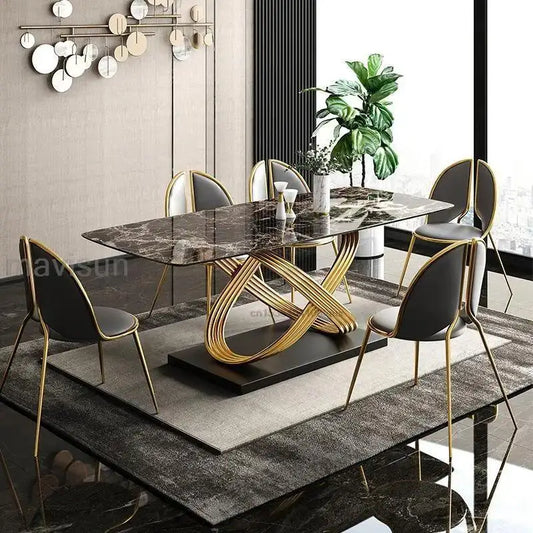Modern Dining Table With Stainless Steel Finish Black White Desk Top For Six People Home Rectangle Luxury Marble Kitchen Table