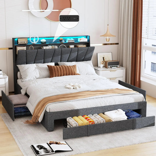 Vabches Queen Bed Frame with Storage Headboard&LED Lights Upholstered Platform Bed Frame with 3 Drawers&Power Outlet for Bedroom
