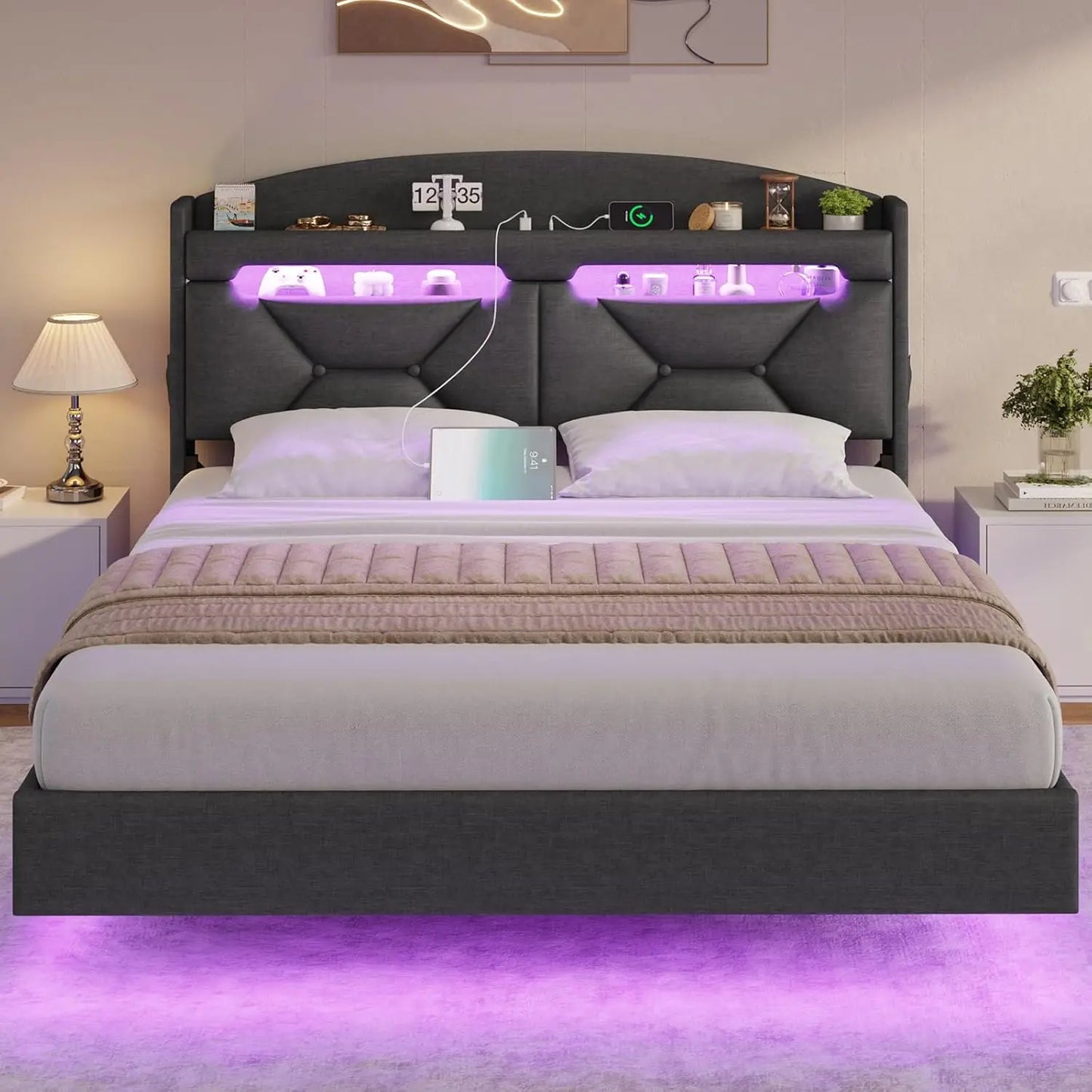 Floating Queen Bed Frame with Charging Station & Hidden Storage Headboard, RGB Floating Platform Bed Dark Grey