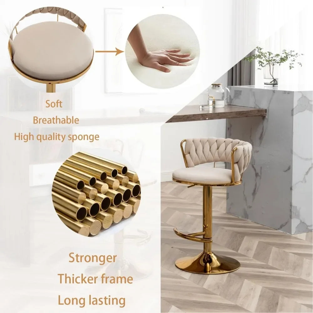 Gold Velvet Bar Stools Set of 4, Counter Height BarStools with Low Back, Swivel Bar Stool for Kitchen Island, Bar Pub (Beige)