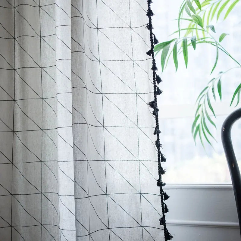 Cotton Linen Black Tassel Curtains
