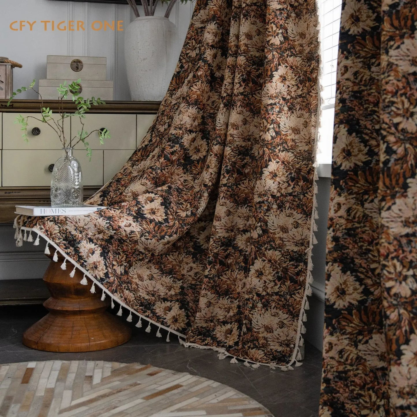 Cotton Linen American Vintage Sunflower Oil Painting Window Curtain Thick Blackout Tassel Drapes Curtains for Living Room