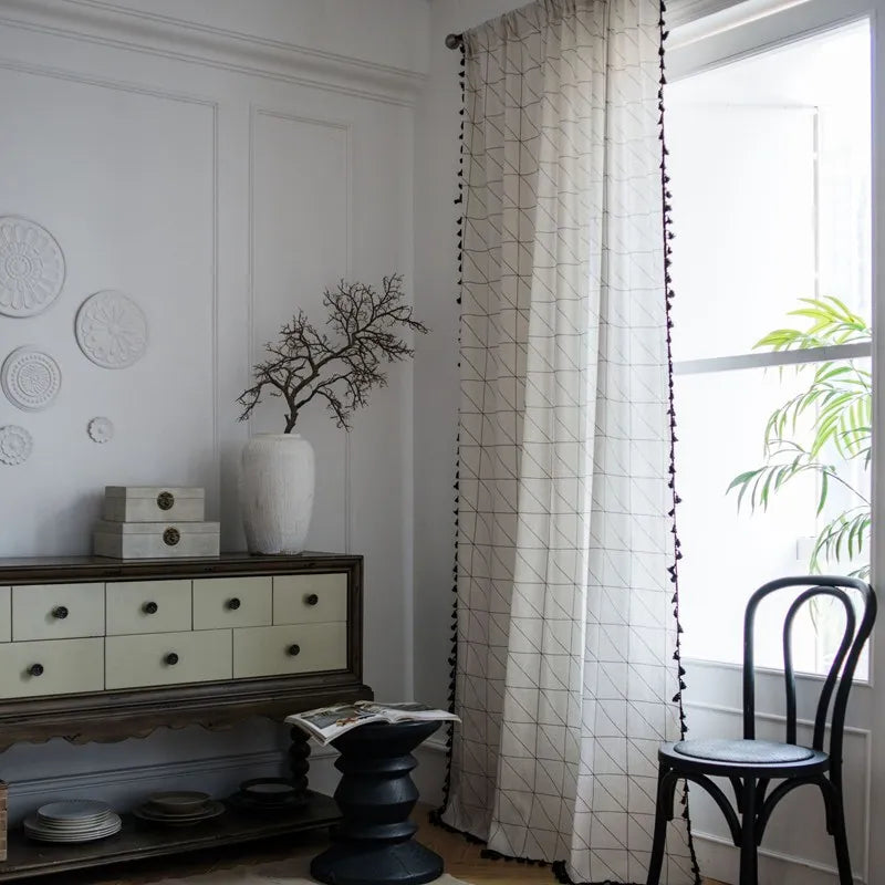Cotton Linen Black Tassel Curtains