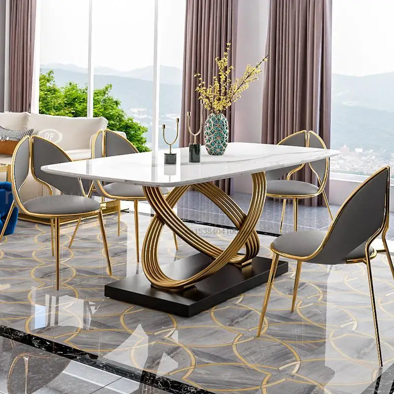 Modern Dining Table With Stainless Steel Finish Black White Desk Top For Six People Home Rectangle Luxury Marble Kitchen Table - LUXHOME