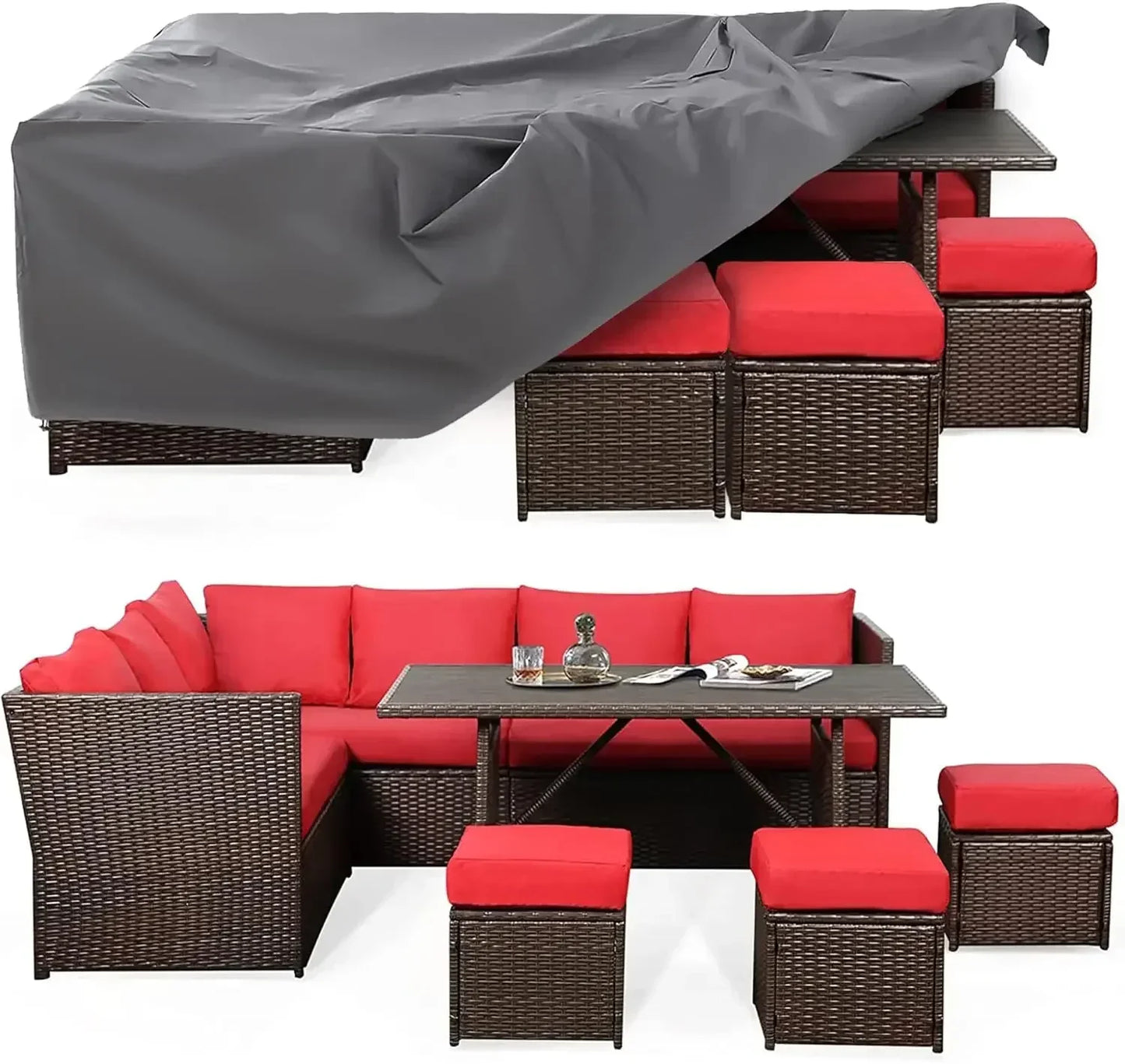 Patio Furniture Set, 7 Pieces Wicker Outdoor Sectional Sofa with High Table and Chairs, Dining Set with Ottoman for Garden