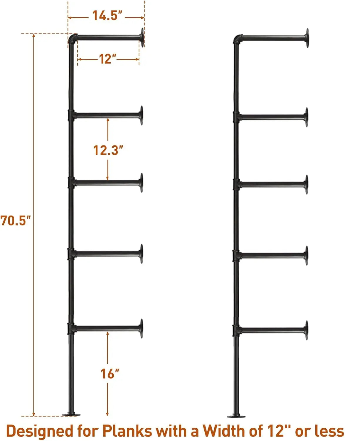 HITOMEN Industrial Iron Pipe Shelves, 2 Set 5-Tier 70.5" Tall 12" Depth, DIY Open Bookshelf Bookcase, Wall Mounted Vintage Retro
