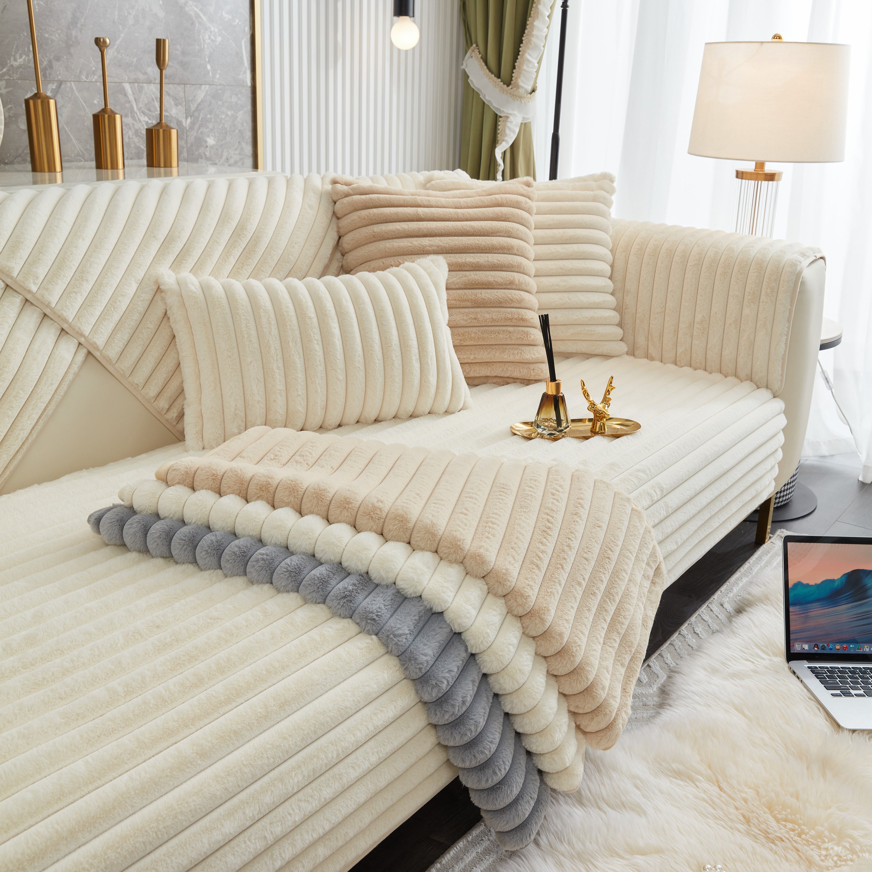 Winter Thickened Rabbit Plush Non-slip Sofa Cushion, Faux Fur Fluffy Furniture Protector