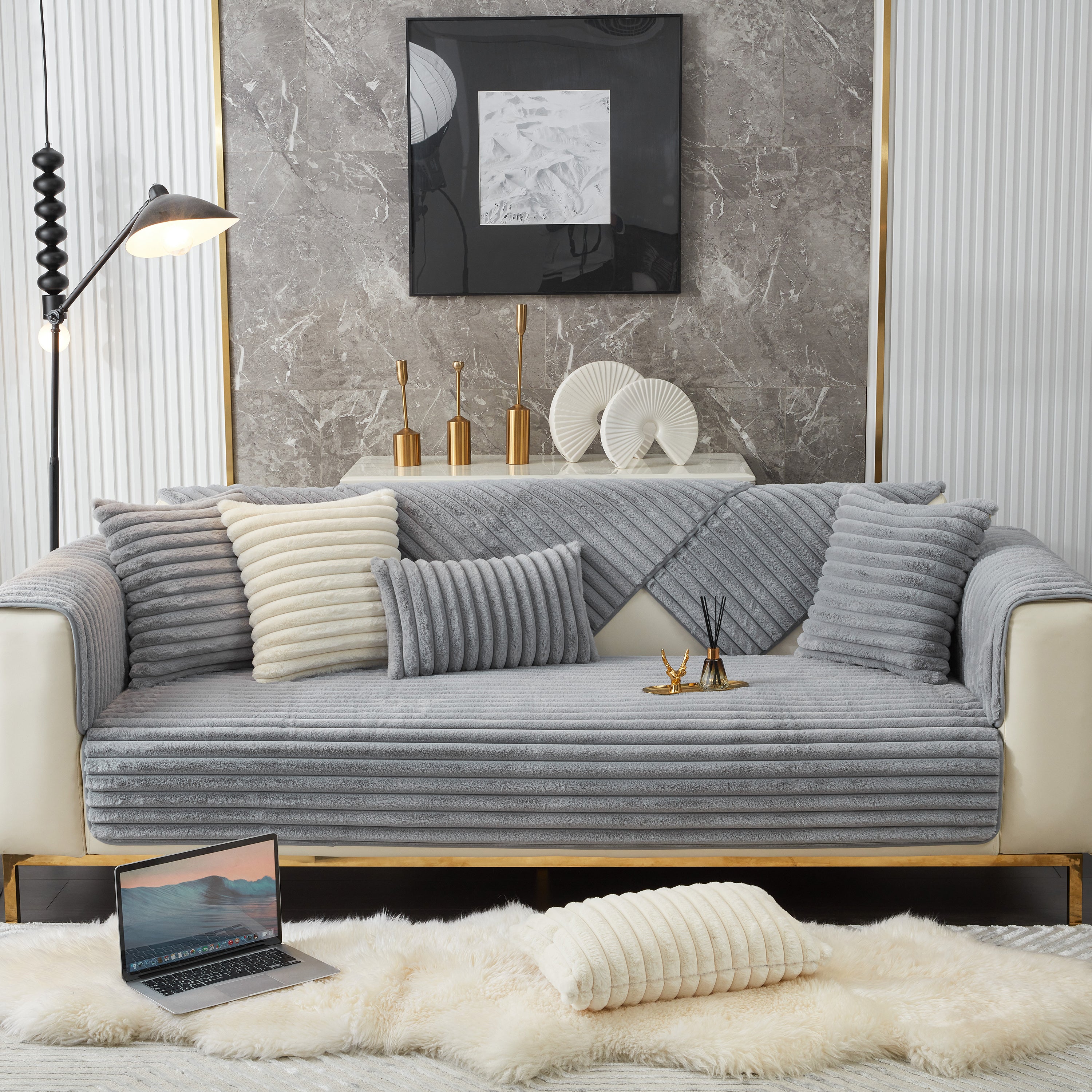 Winter Thickened Rabbit Plush Non-slip Sofa Cushion, Faux Fur Fluffy Furniture Protector