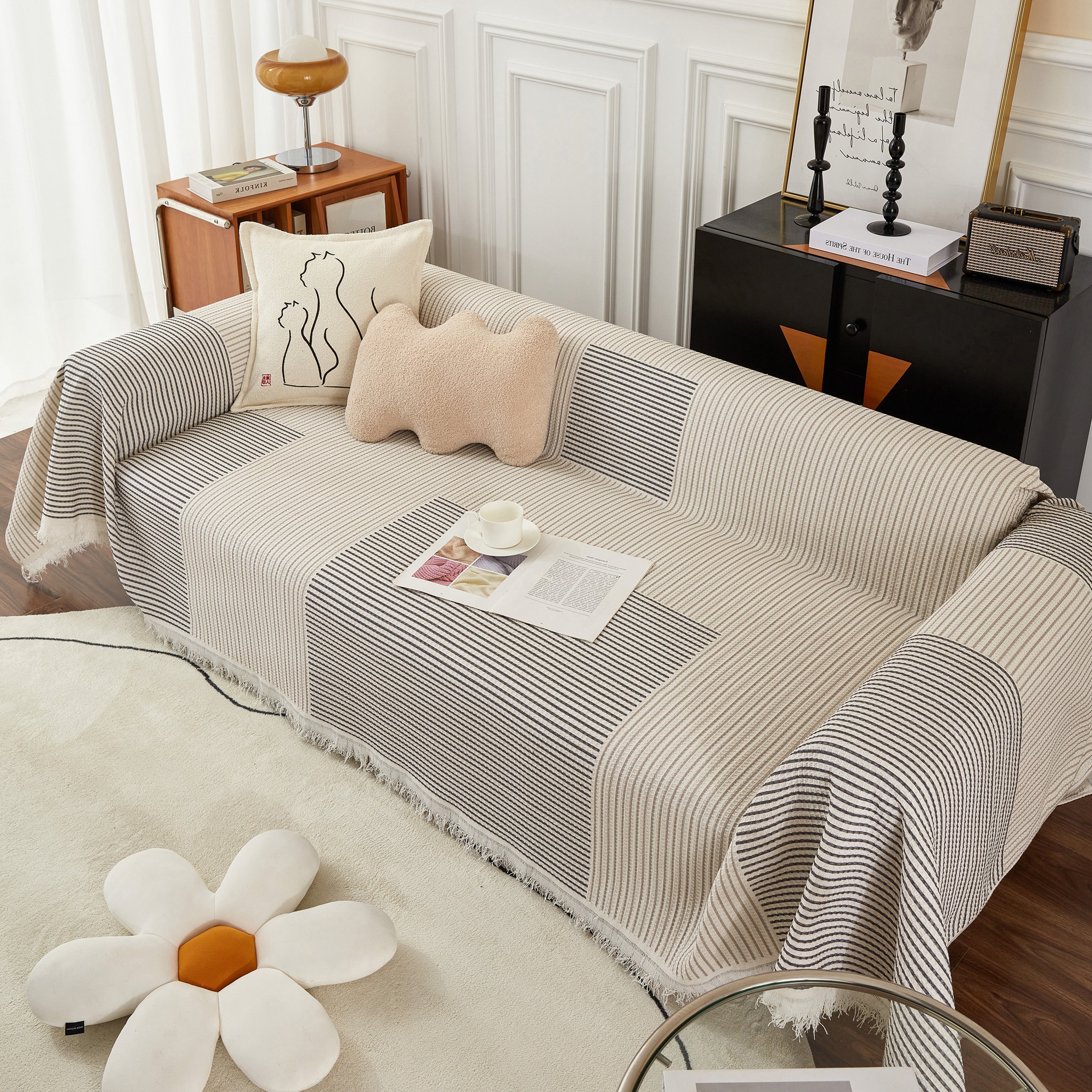 Cotton Jacquard Striped Sofa Cover Throw, Couch Covers for Dogs, Sectional Sofa Protector