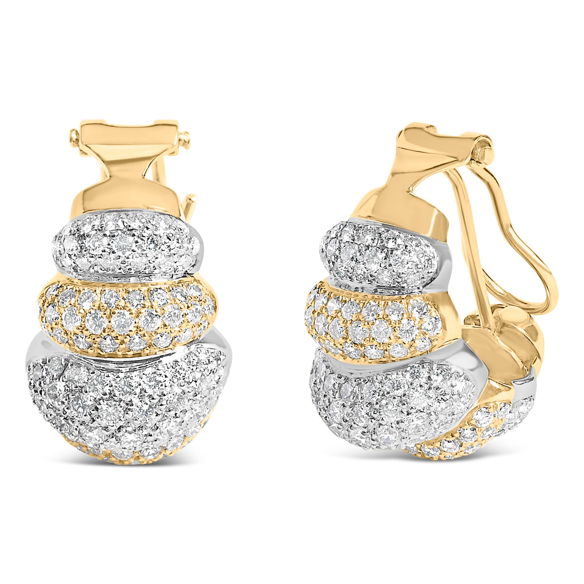 18K Two-Toned Gold 5.00 Cttw Diamond Three-tier Domed Button Omega Back Earrings (G-H Color, VS2-SI1 Clarity)