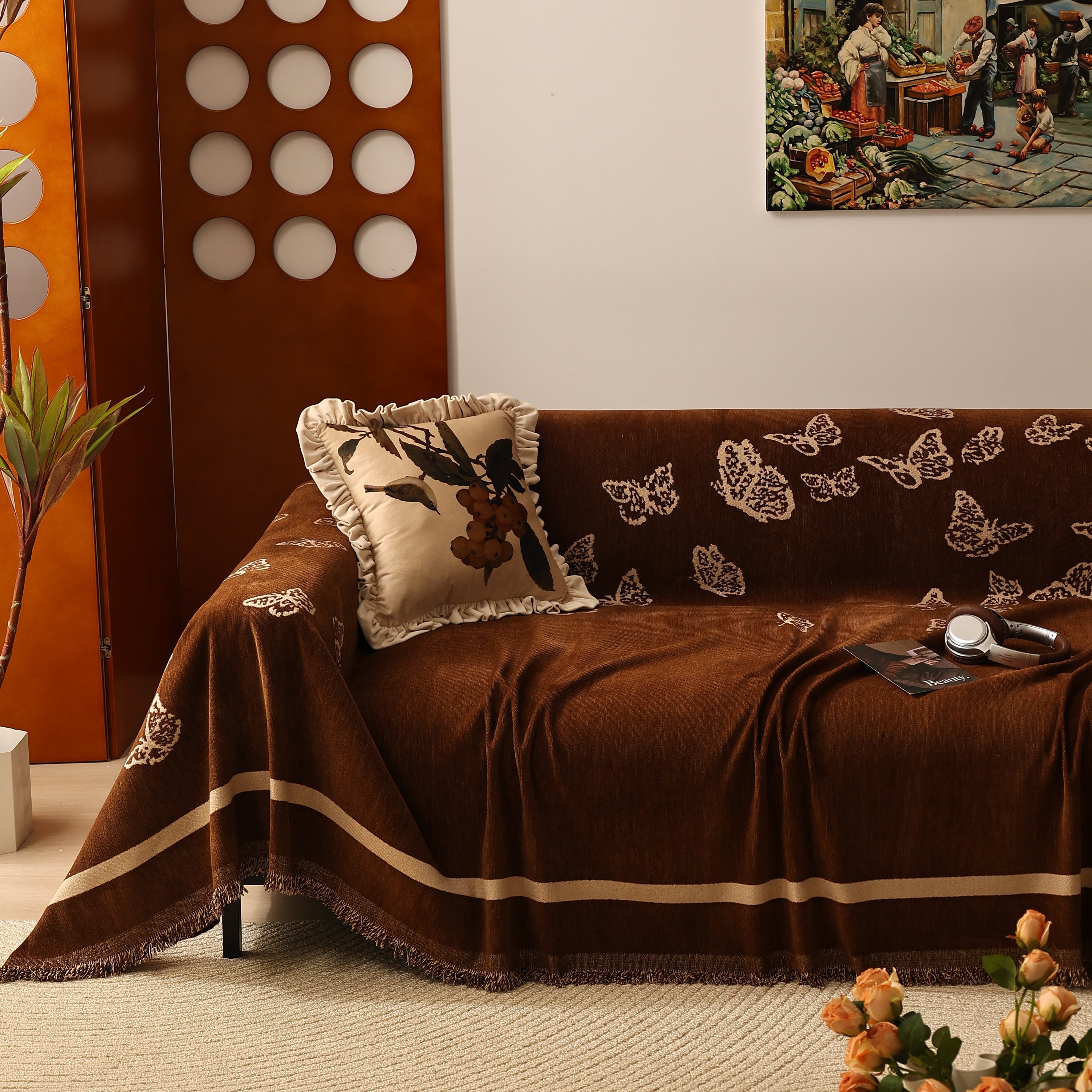 Butterfly Jacquard Soft Couch Blankets Cover for Couch Reversible Modern Sofa Slipcover Throw Covers