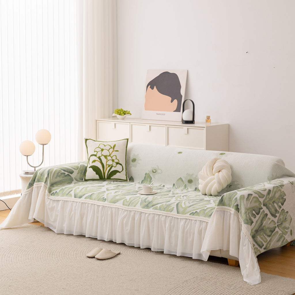 Botanical Sofa Cover with Chiffon Skirt, Floral Couch Throw Blanket for All-Season