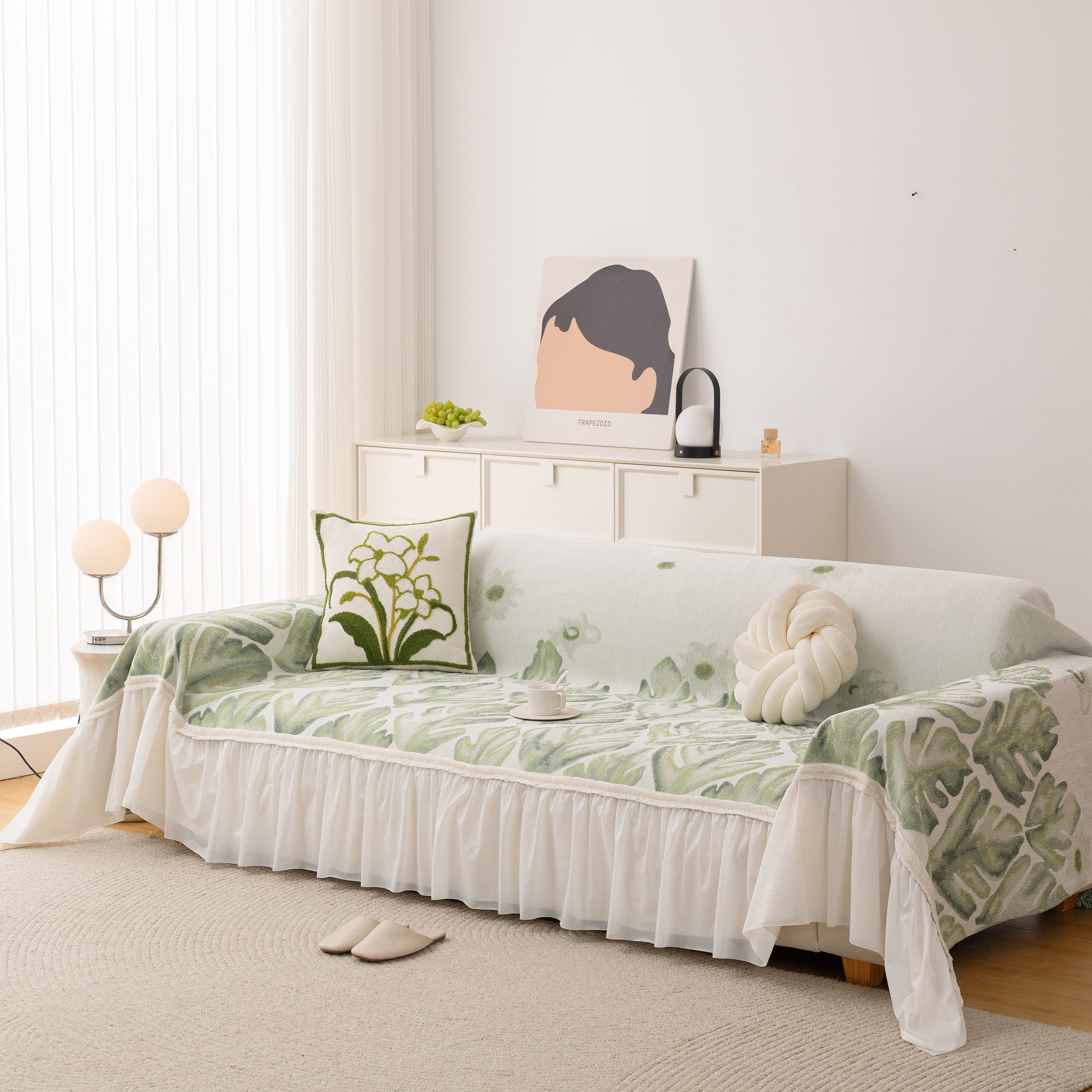 Botanical Sofa Cover with Chiffon Skirt, Floral Couch Throw Blanket for All-Season