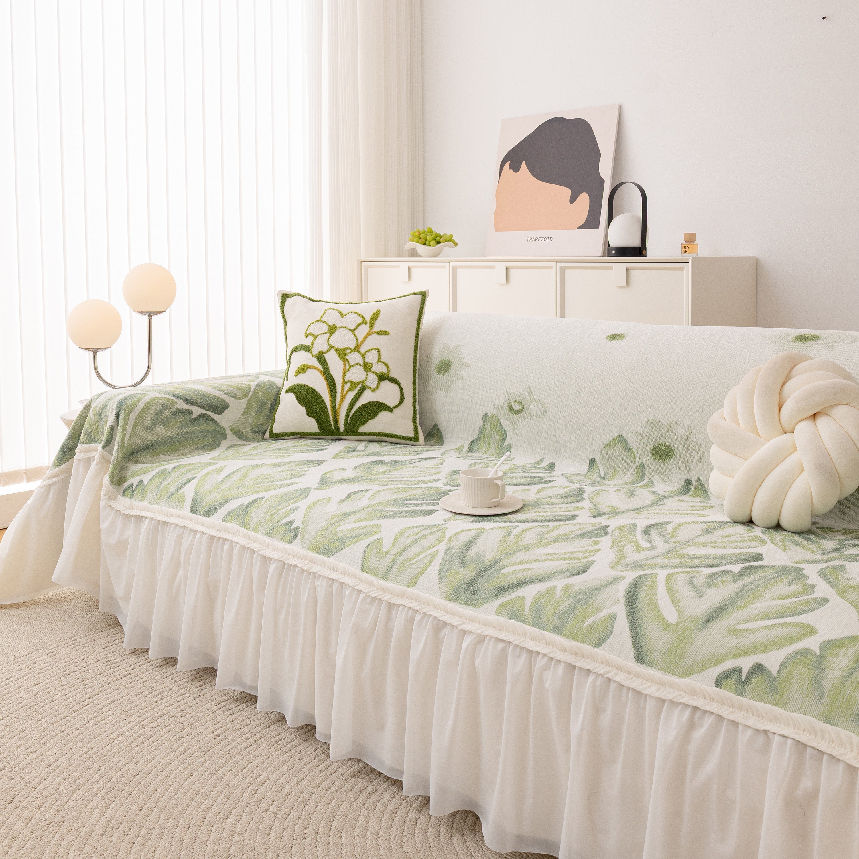 Botanical Sofa Cover with Chiffon Skirt, Floral Couch Throw Blanket for All-Season