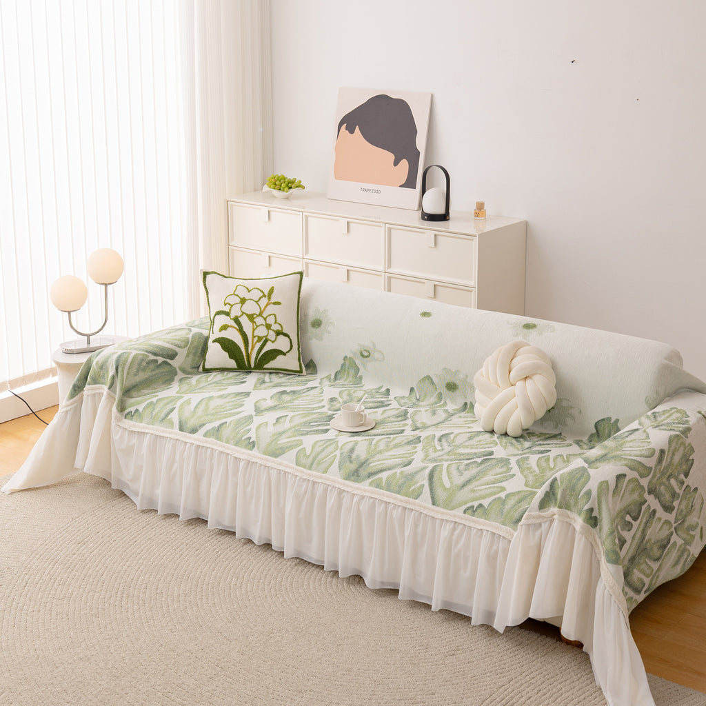 Botanical Sofa Cover with Chiffon Skirt, Floral Couch Throw Blanket for All-Season