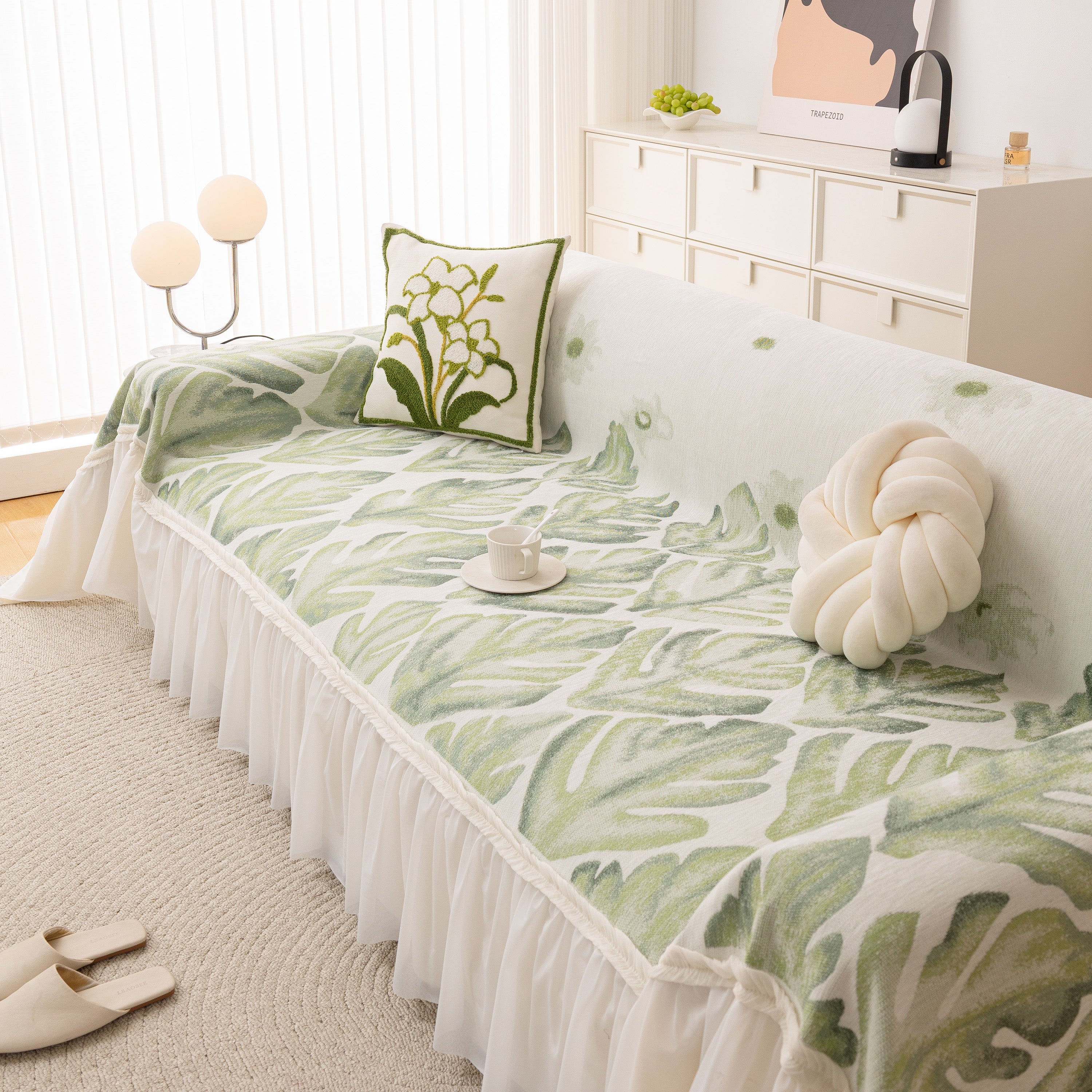 Botanical Sofa Cover with Chiffon Skirt, Floral Couch Throw Blanket for All-Season