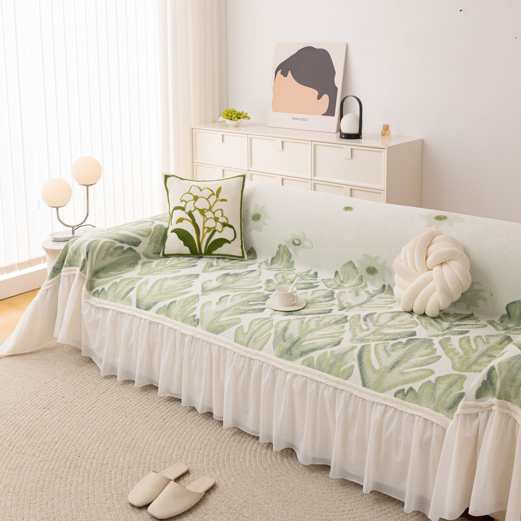 Botanical Sofa Cover with Chiffon Skirt, Floral Couch Throw Blanket for All-Season