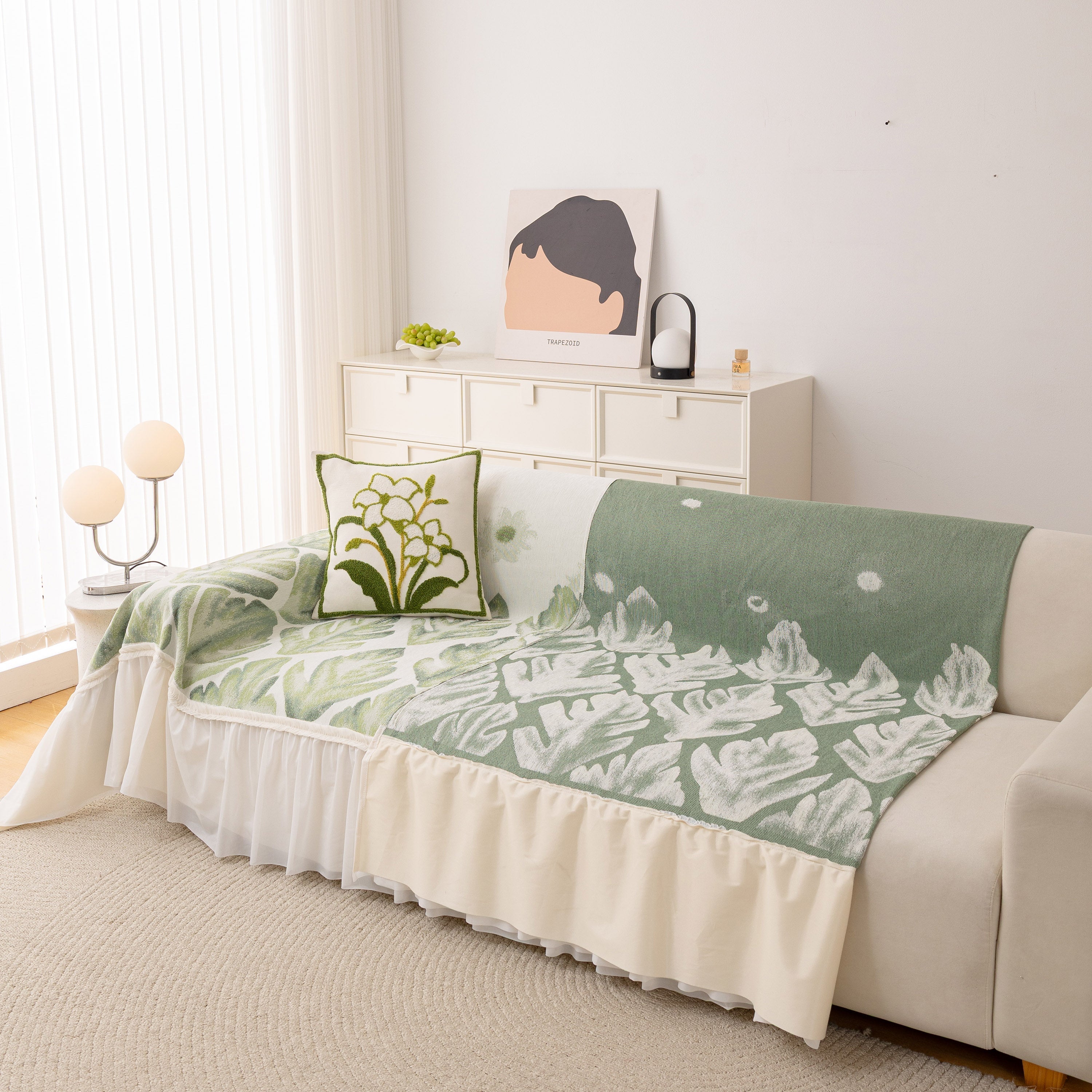 Botanical Sofa Cover with Chiffon Skirt, Floral Couch Throw Blanket for All-Season