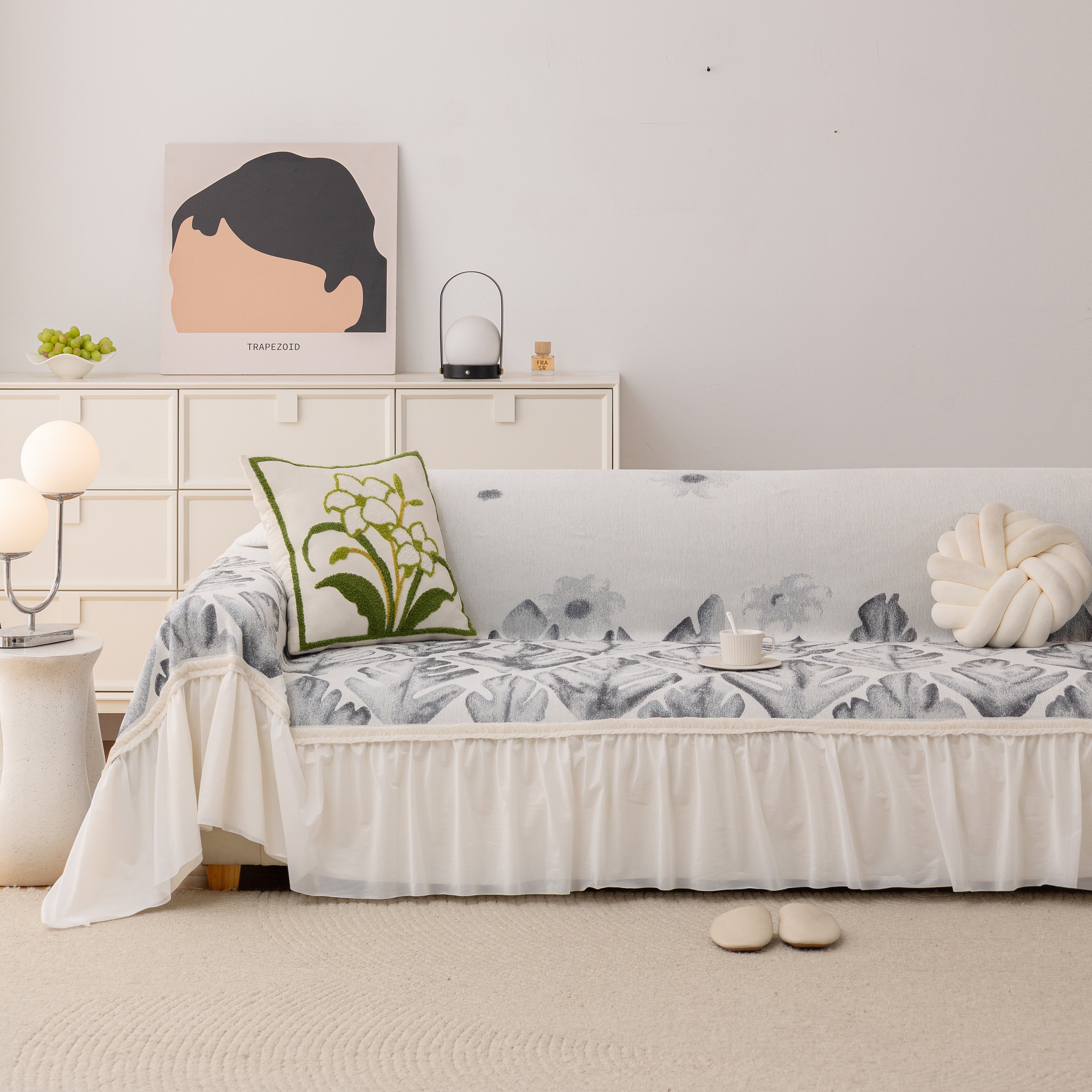 Botanical Sofa Cover with Chiffon Skirt, Floral Couch Throw Blanket for All-Season