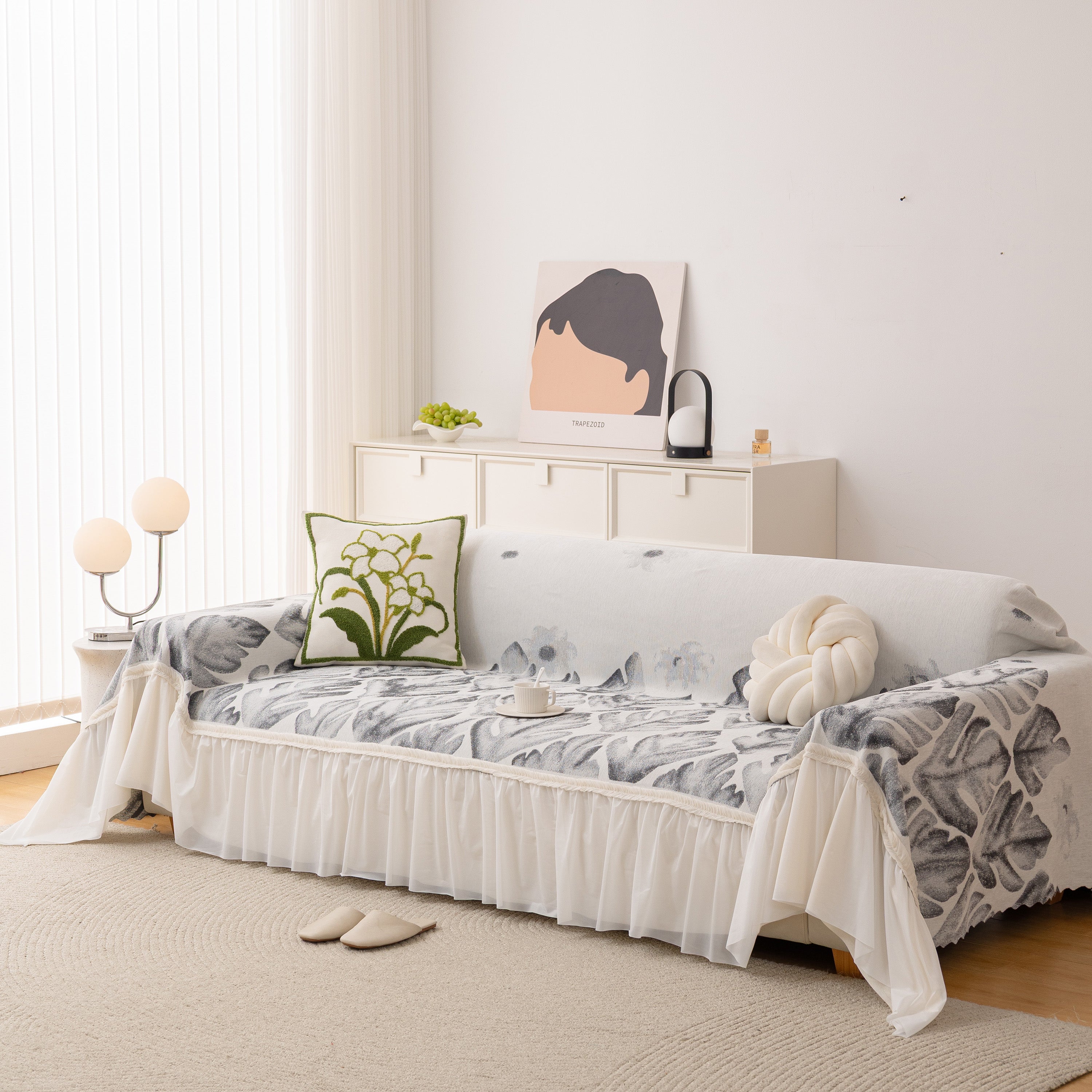 Botanical Sofa Cover with Chiffon Skirt, Floral Couch Throw Blanket for All-Season