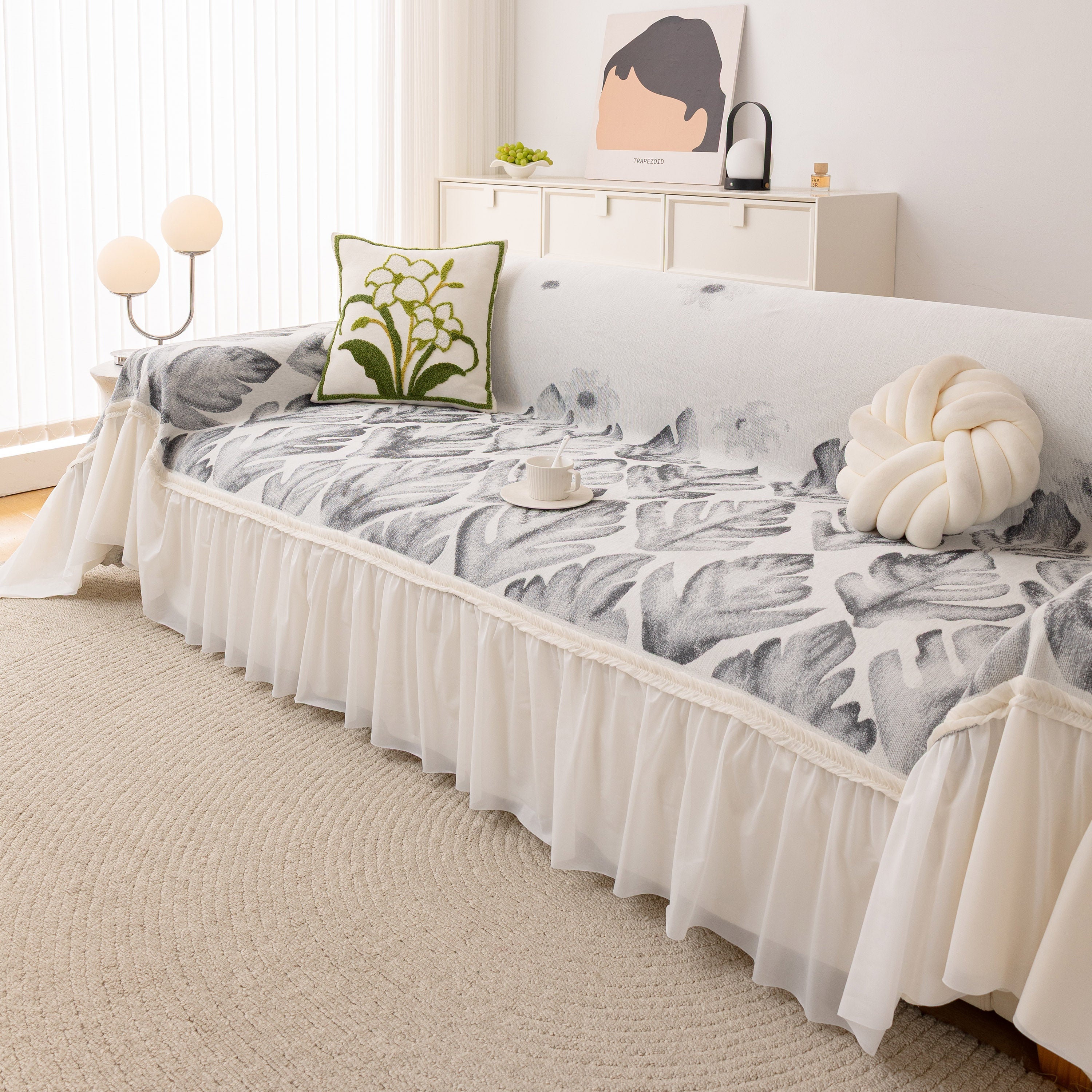 Botanical Sofa Cover with Chiffon Skirt, Floral Couch Throw Blanket for All-Season