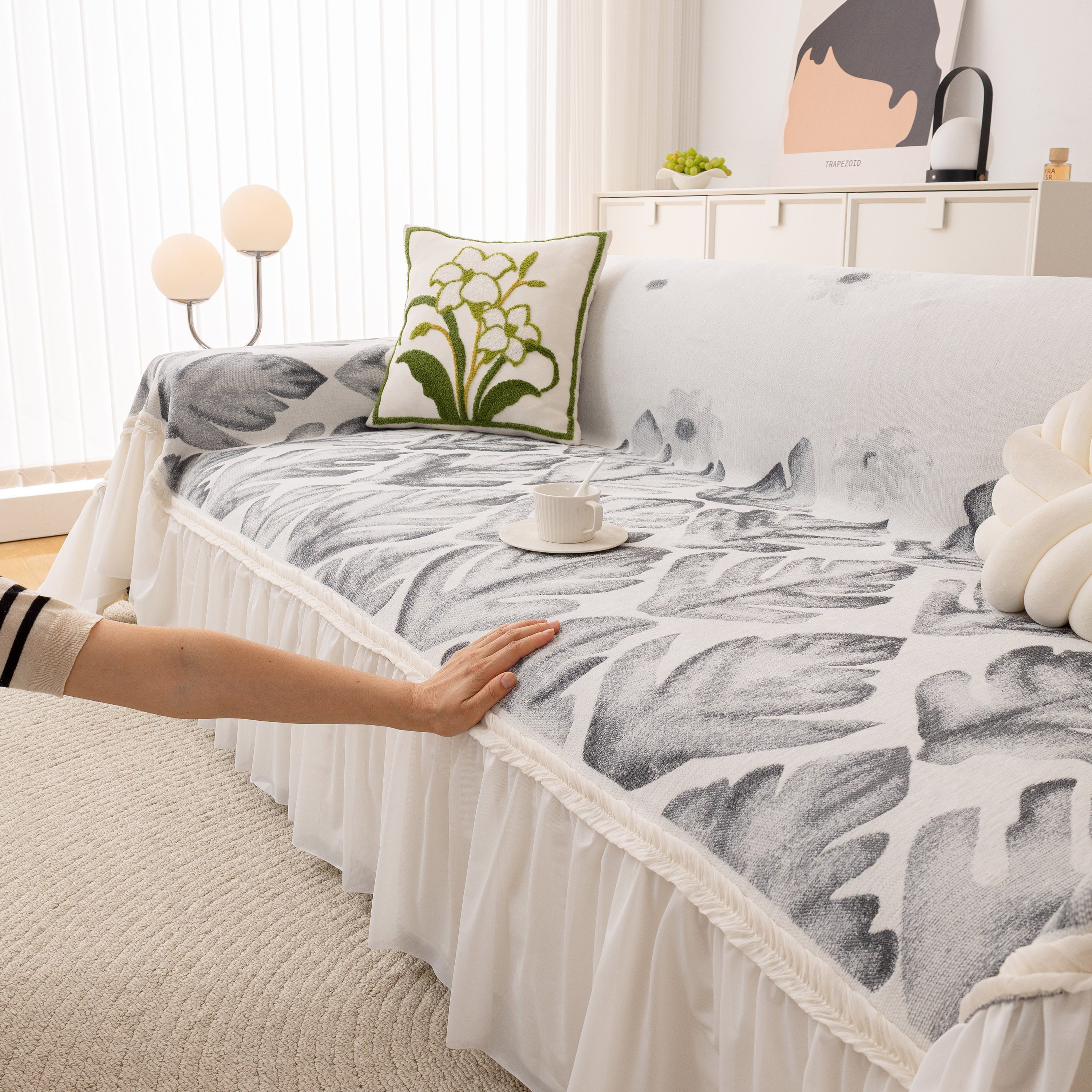 Botanical Sofa Cover with Chiffon Skirt, Floral Couch Throw Blanket for All-Season