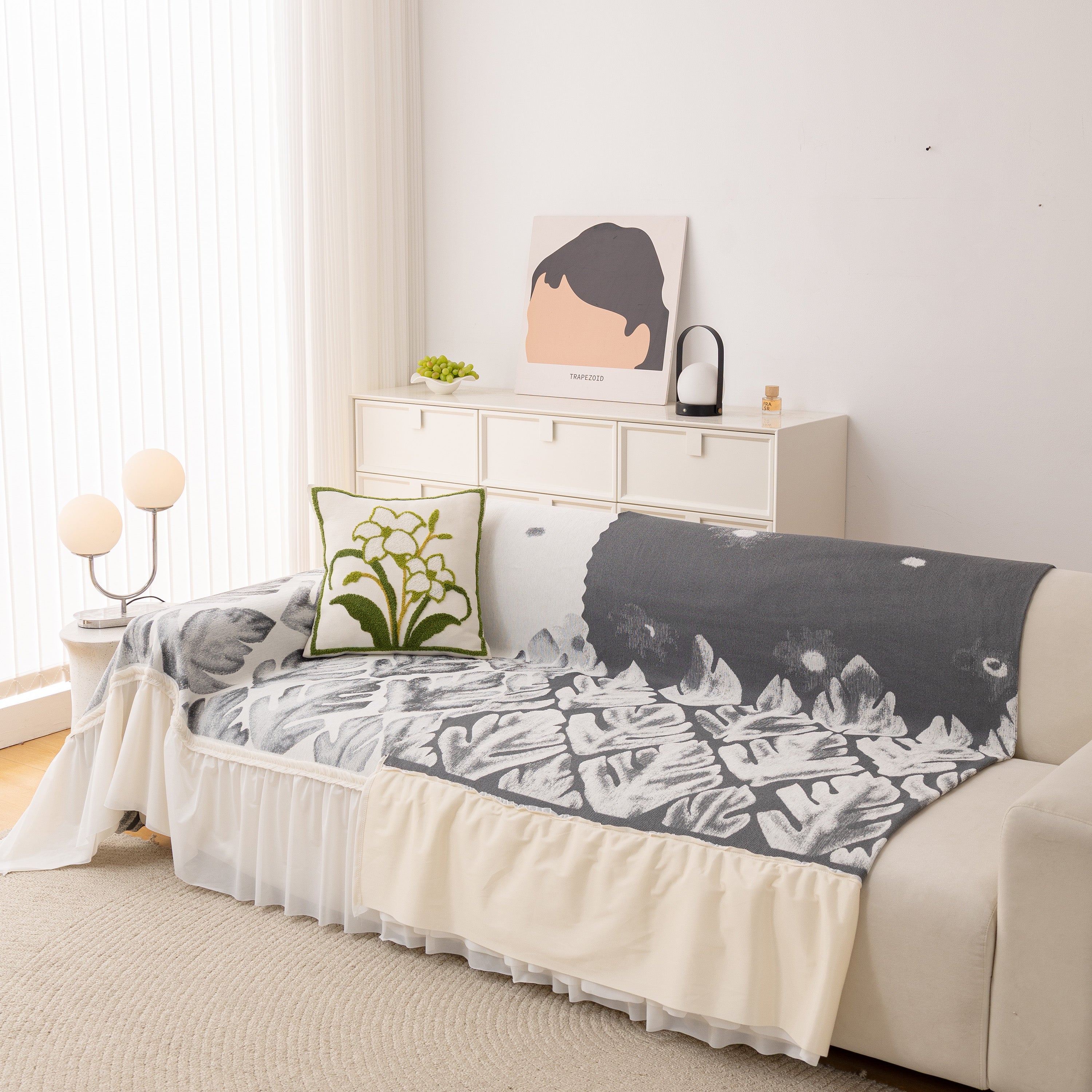 Botanical Sofa Cover with Chiffon Skirt, Floral Couch Throw Blanket for All-Season