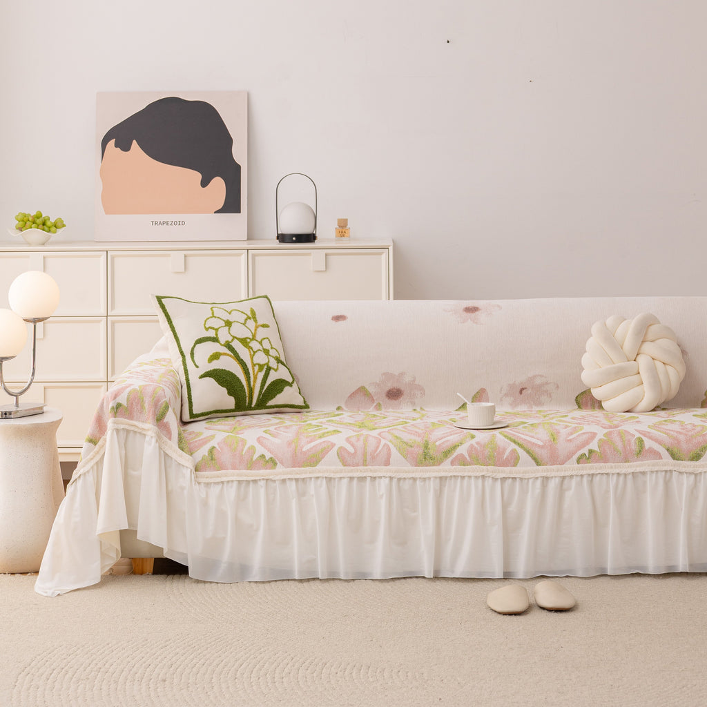 Botanical Sofa Cover with Chiffon Skirt, Floral Couch Throw Blanket for All-Season
