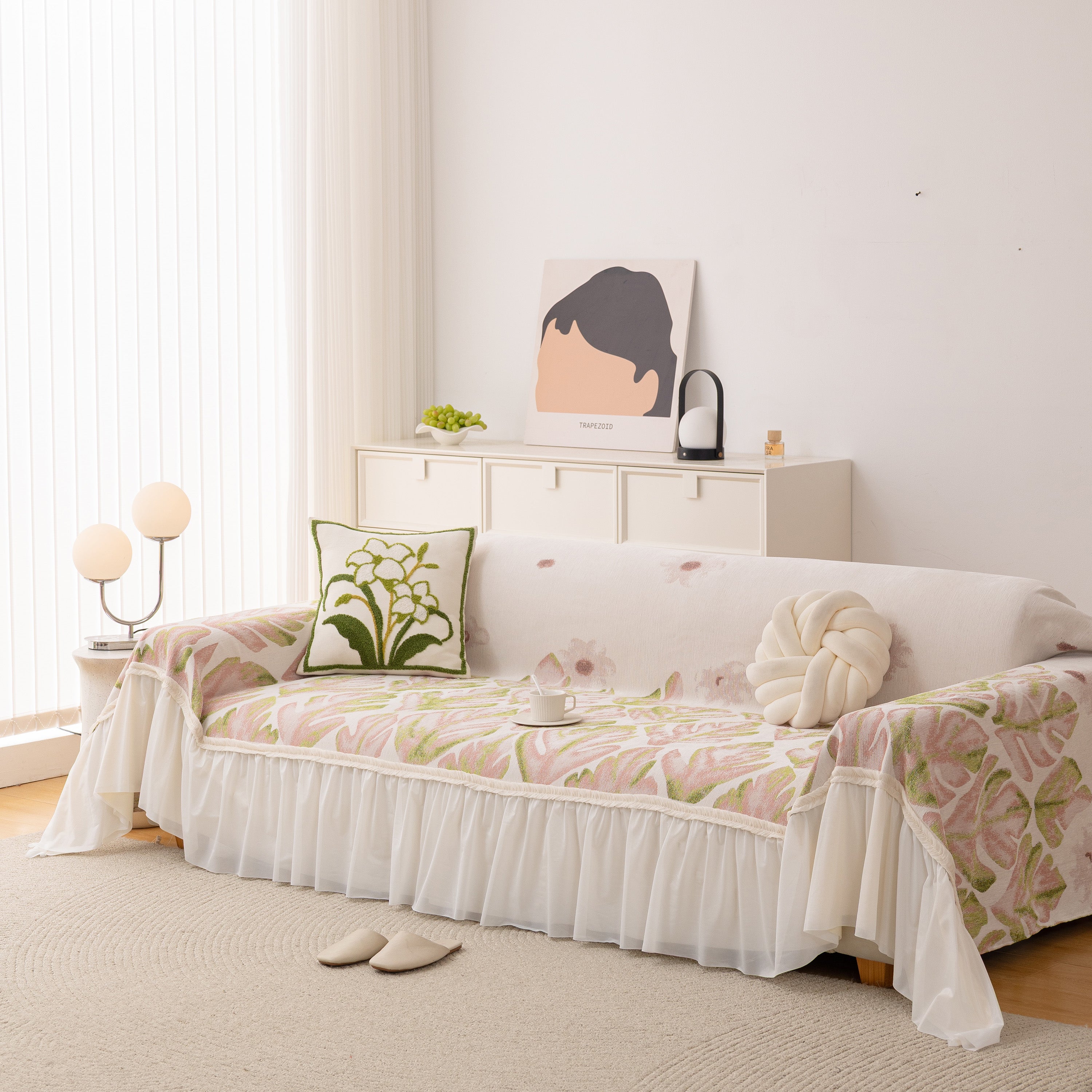 Botanical Sofa Cover with Chiffon Skirt, Floral Couch Throw Blanket for All-Season