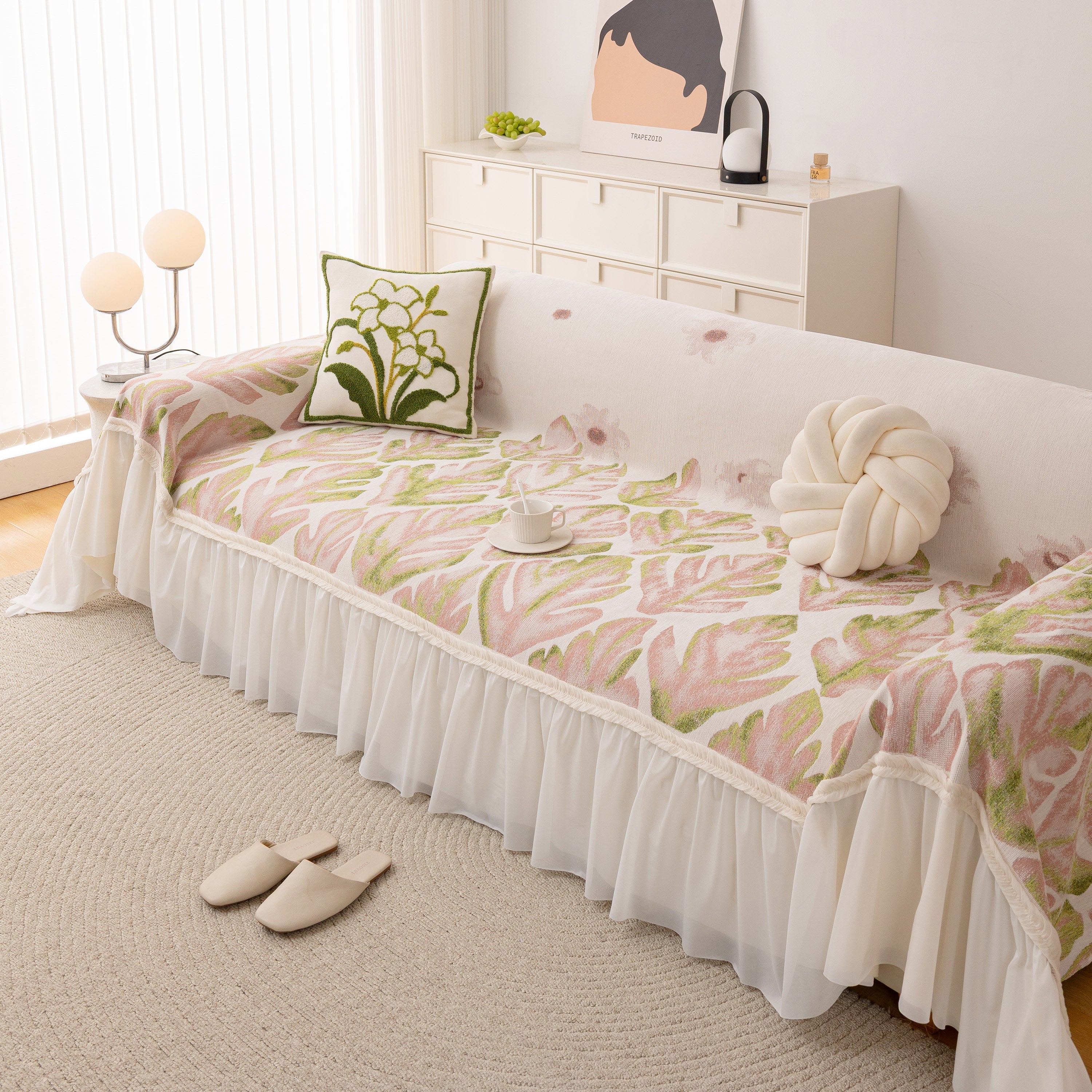 Botanical Sofa Cover with Chiffon Skirt, Floral Couch Throw Blanket for All-Season