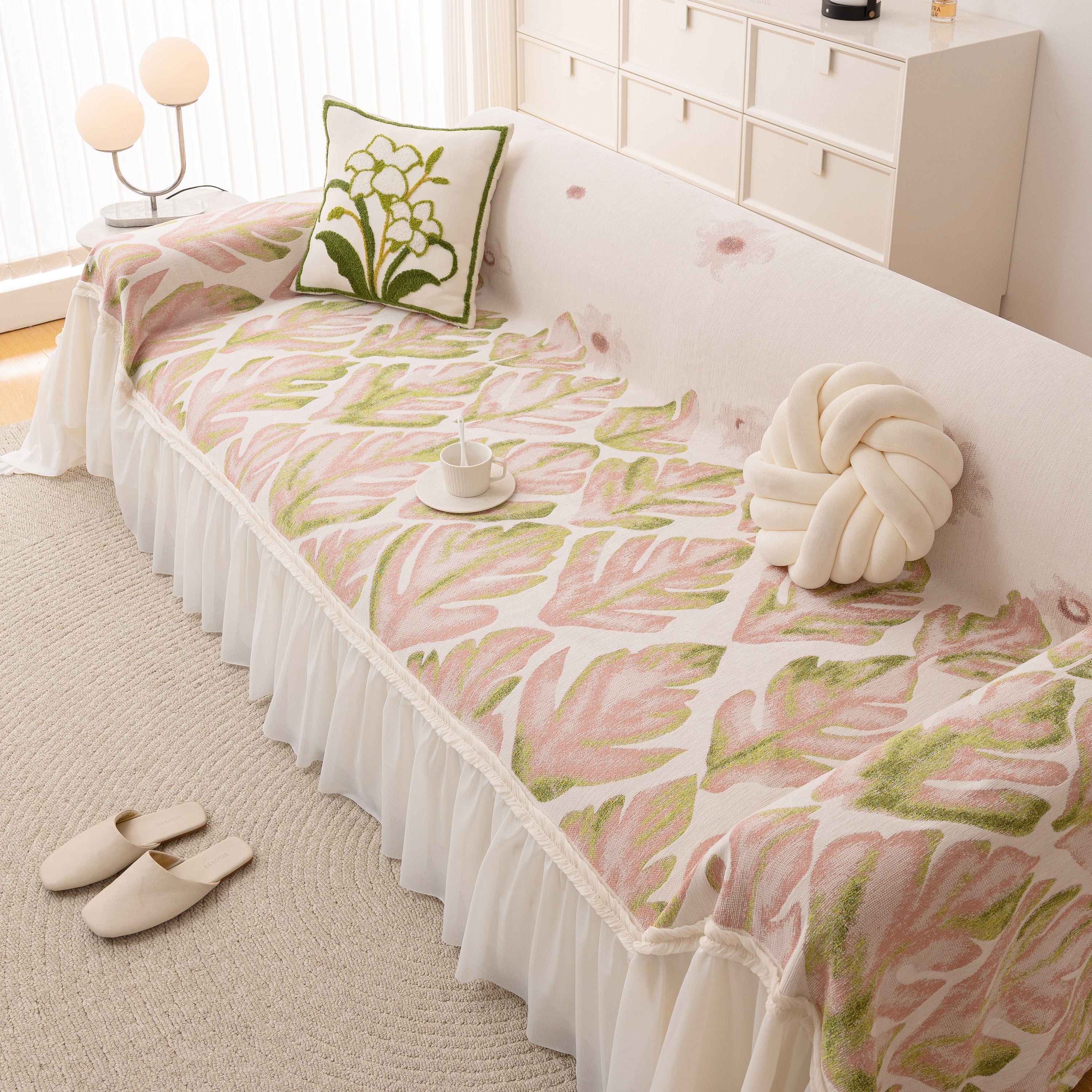 Botanical Sofa Cover with Chiffon Skirt, Floral Couch Throw Blanket for All-Season