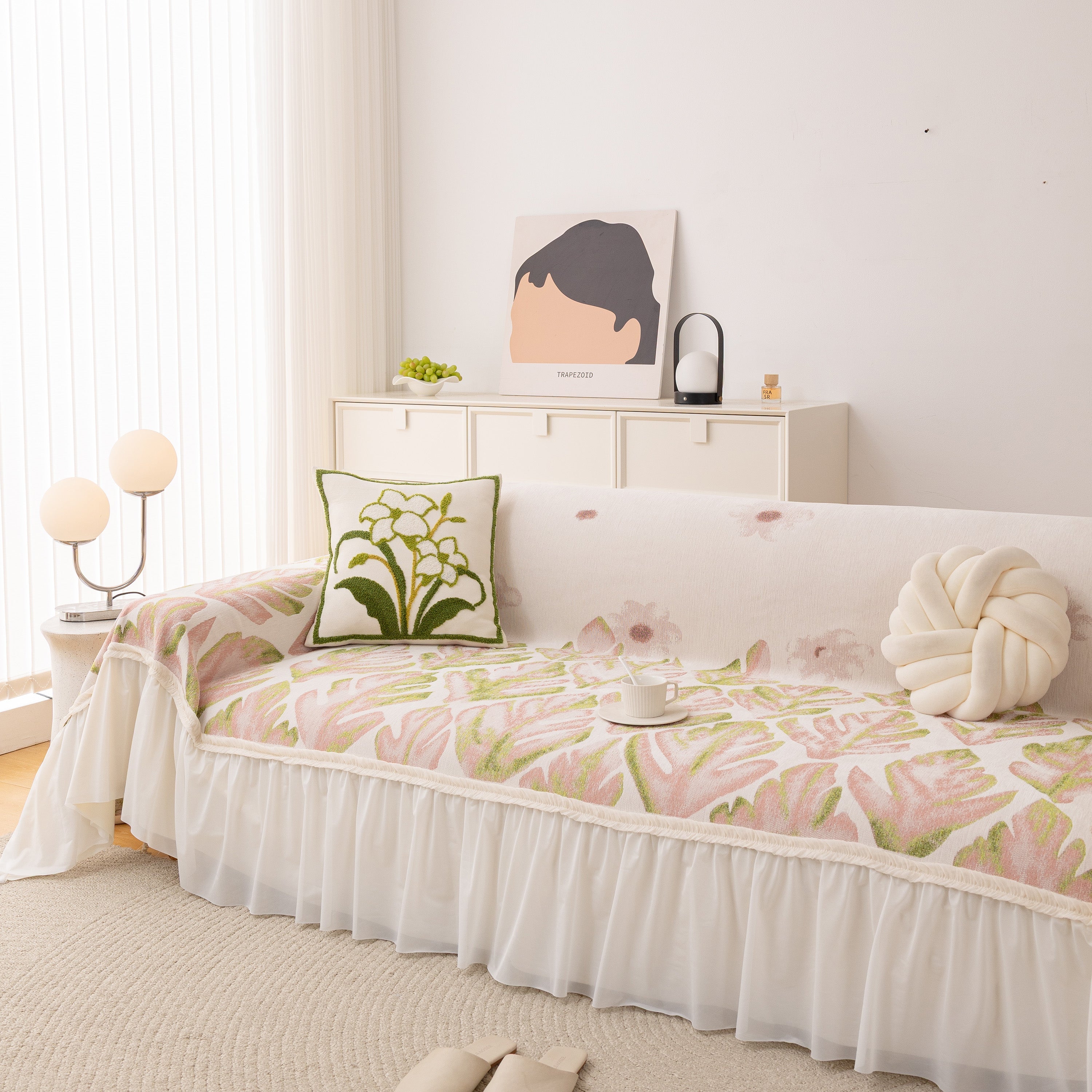 Botanical Sofa Cover with Chiffon Skirt, Floral Couch Throw Blanket for All-Season