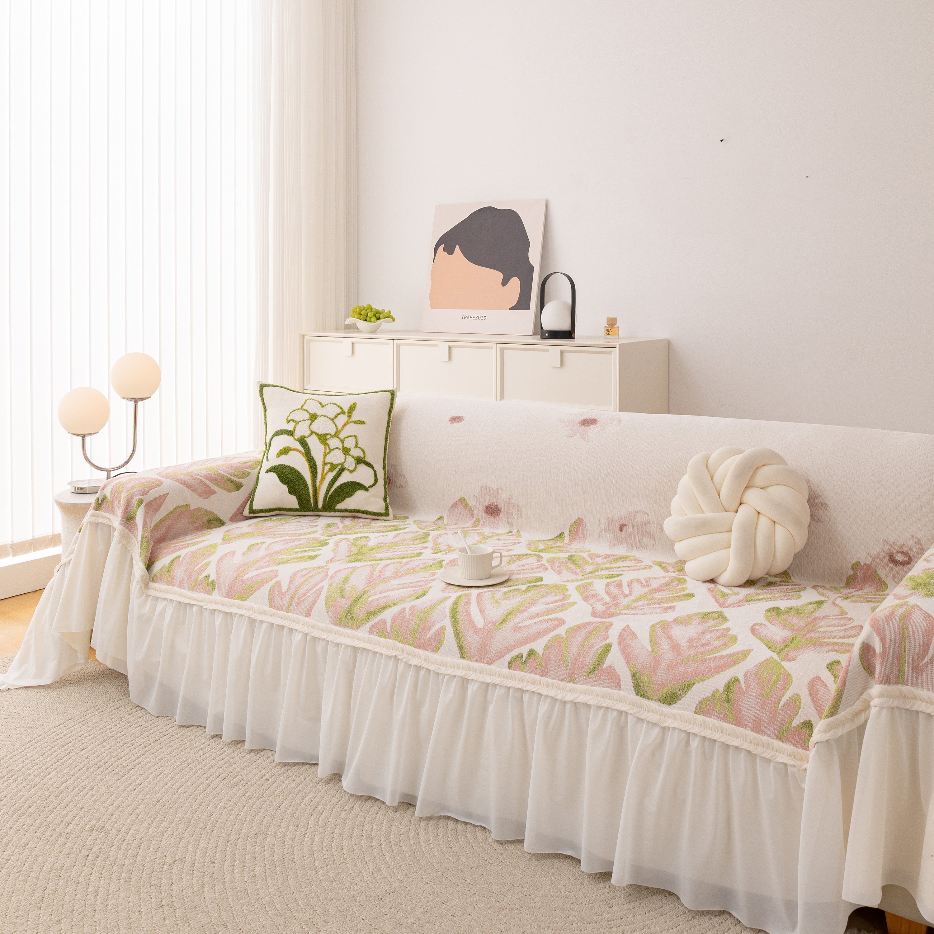 Botanical Sofa Cover with Chiffon Skirt, Floral Couch Throw Blanket for All-Season