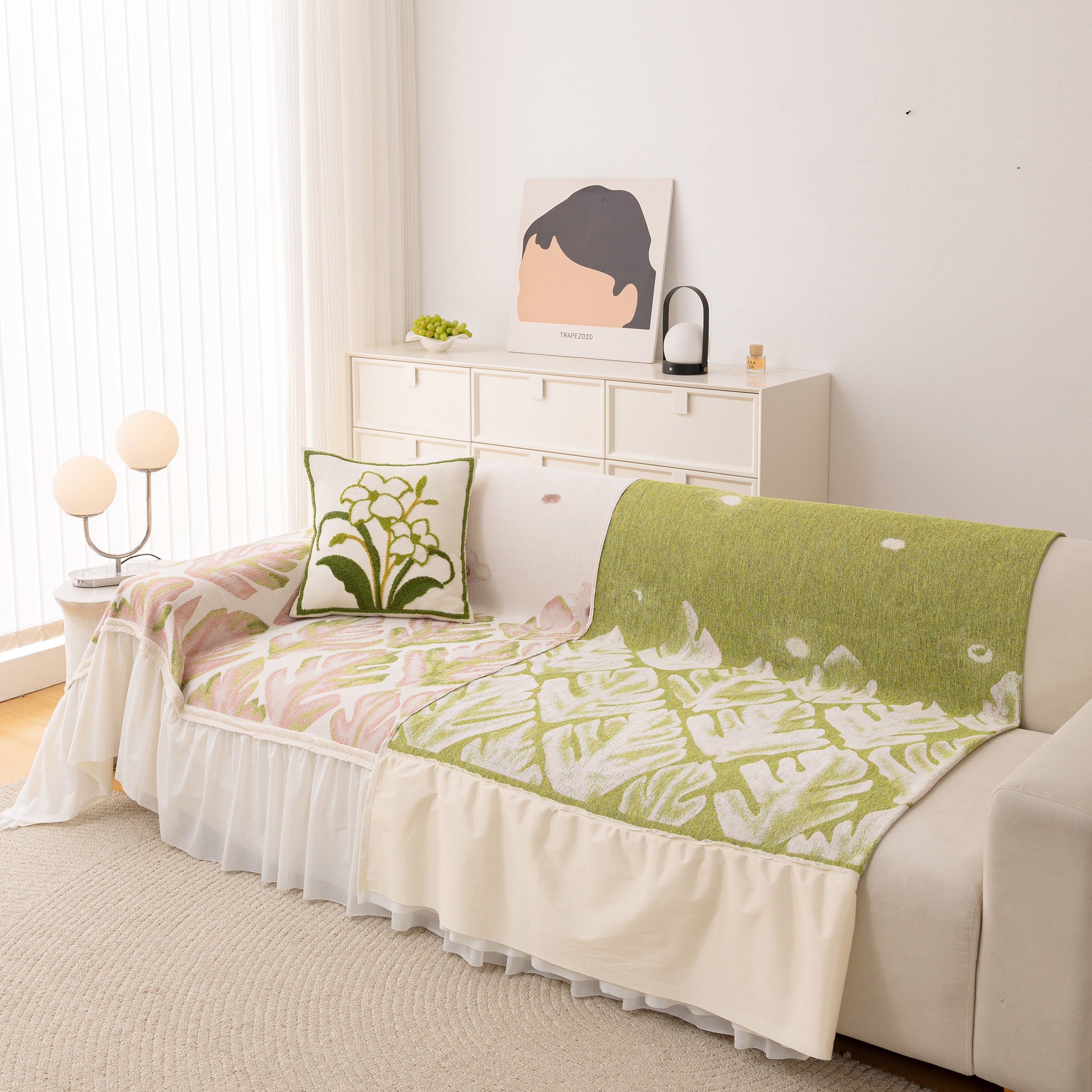 Botanical Sofa Cover with Chiffon Skirt, Floral Couch Throw Blanket for All-Season