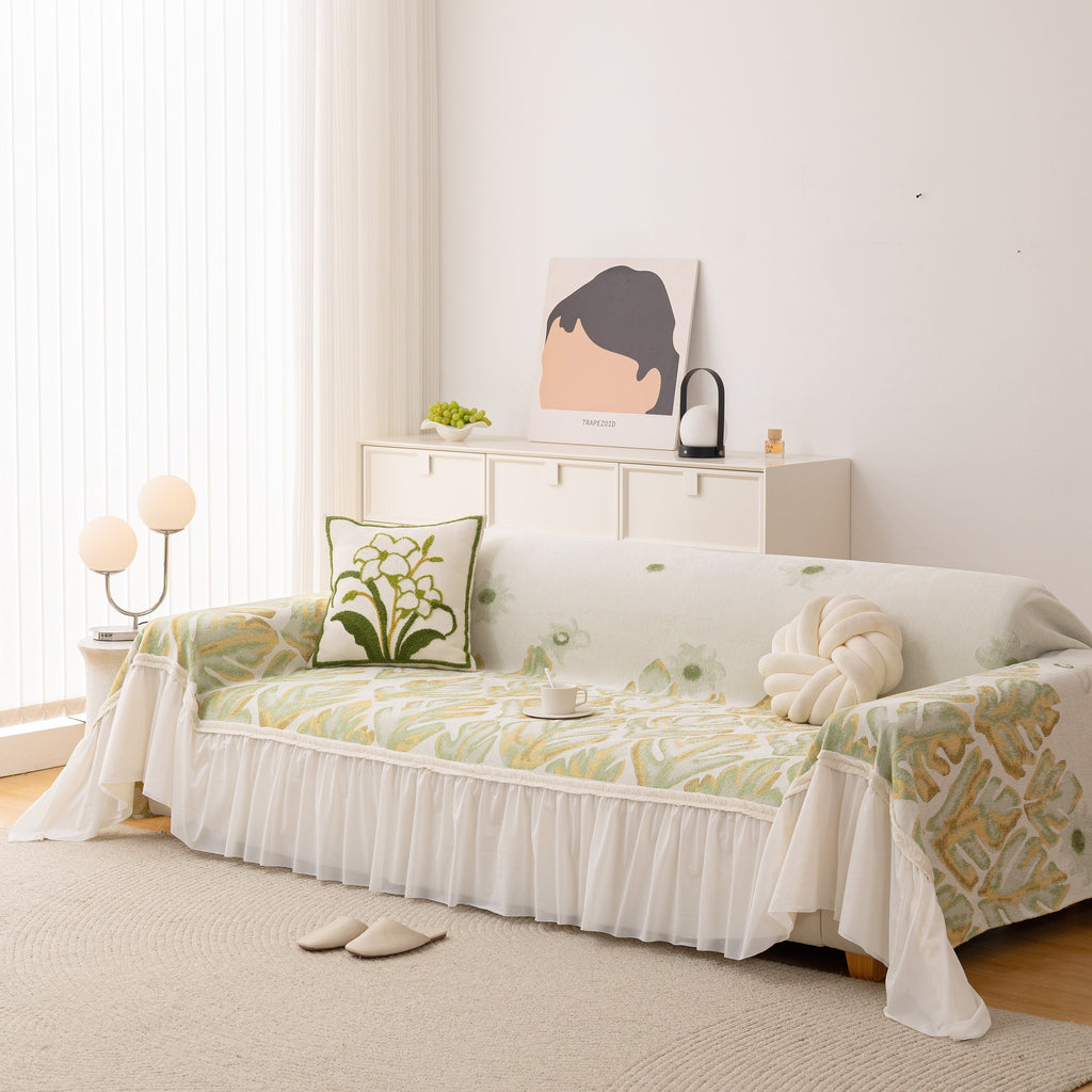 Botanical Sofa Cover with Chiffon Skirt, Floral Couch Throw Blanket for All-Season
